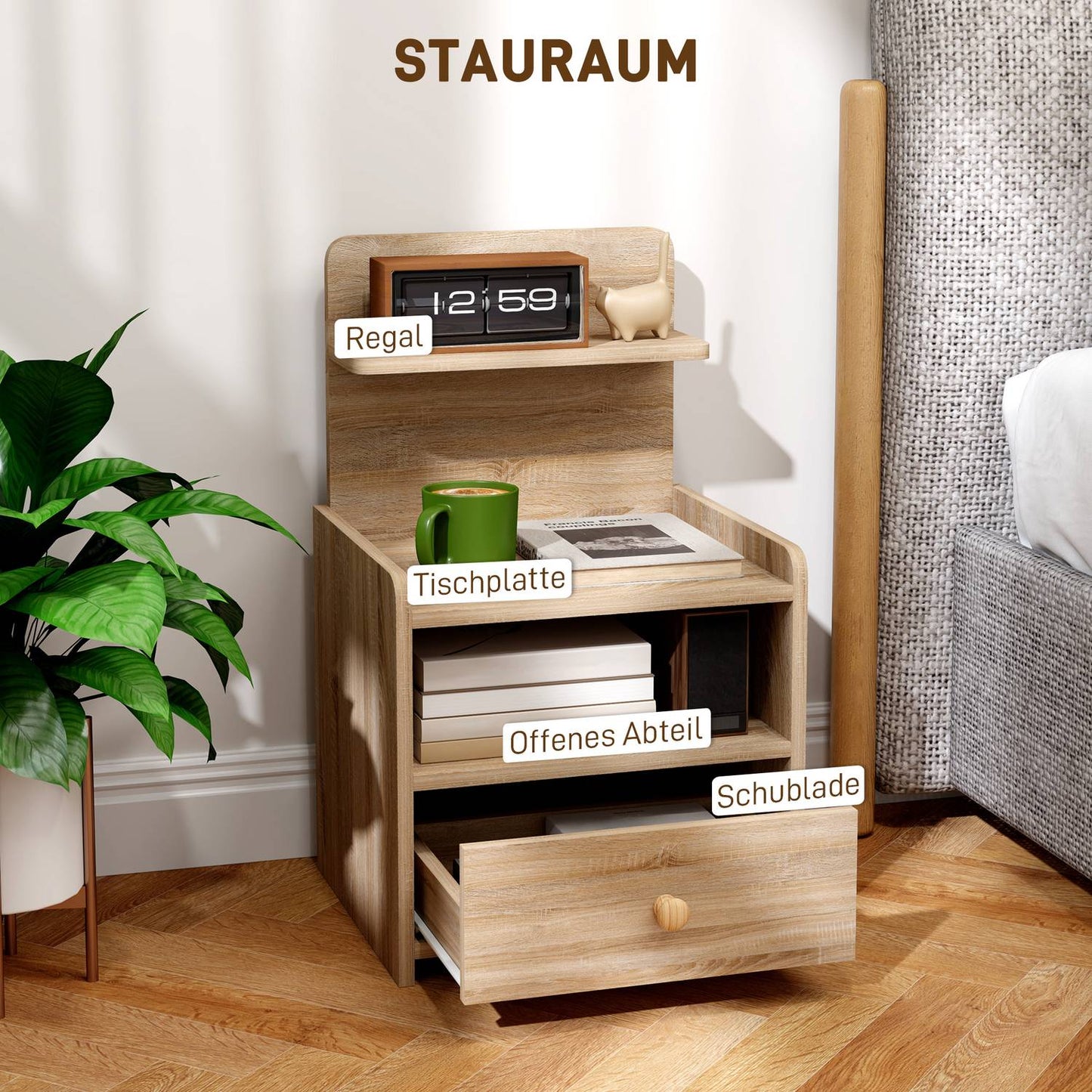 Nightstand with Storage, Chipboard, Tip-Resistant, Natural Wood