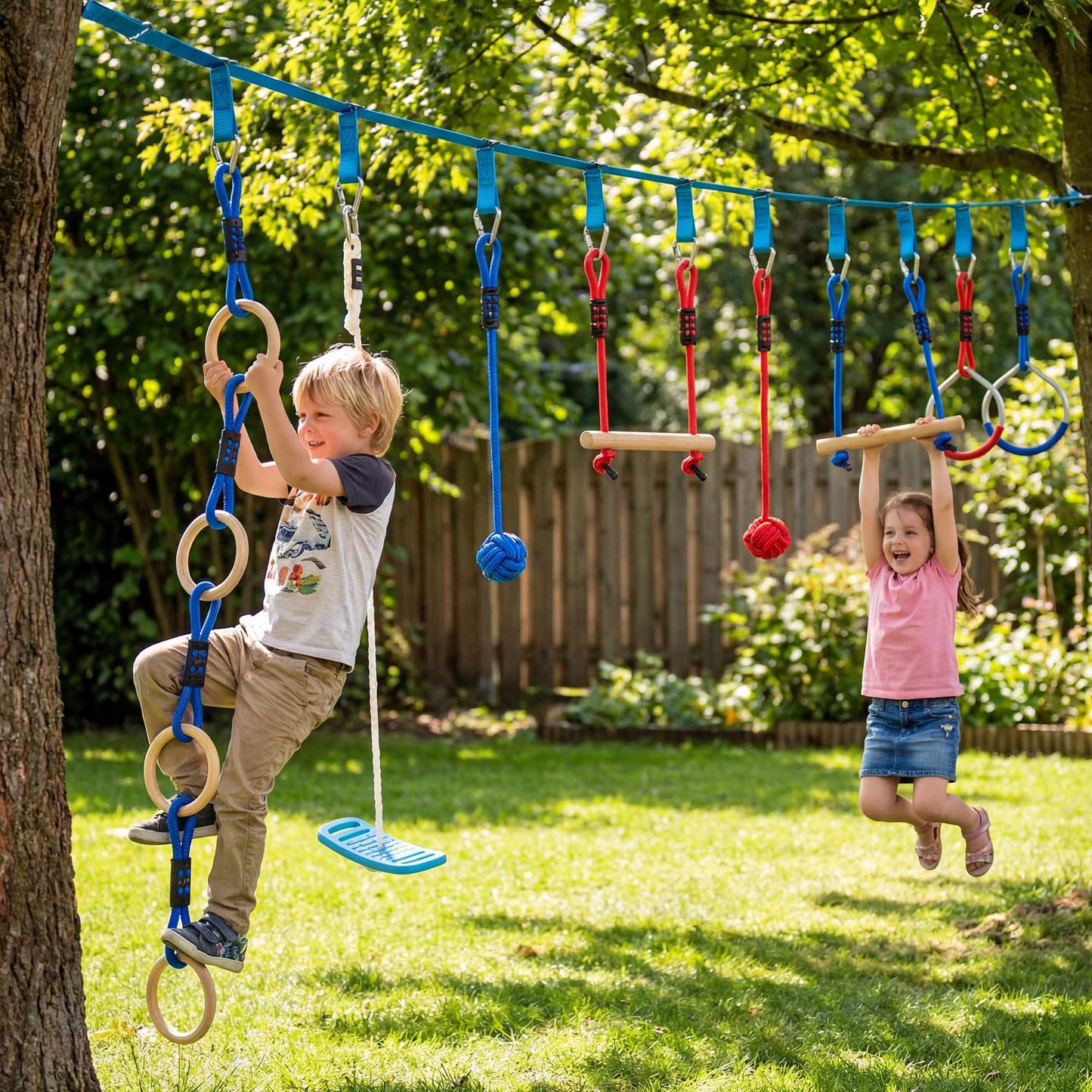 Ninja Slackline Kinder-Kletterseil-Set, 3-in-1 Schaukel, 100 kg Belastbarkeit
