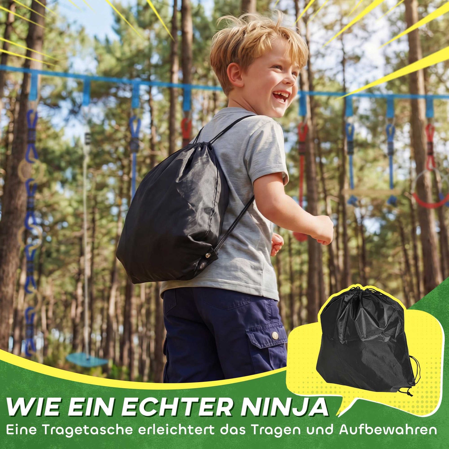 Ninja Slackline Kinder-Kletterseil-Set, 3-in-1 Schaukel, 100 kg Belastbarkeit