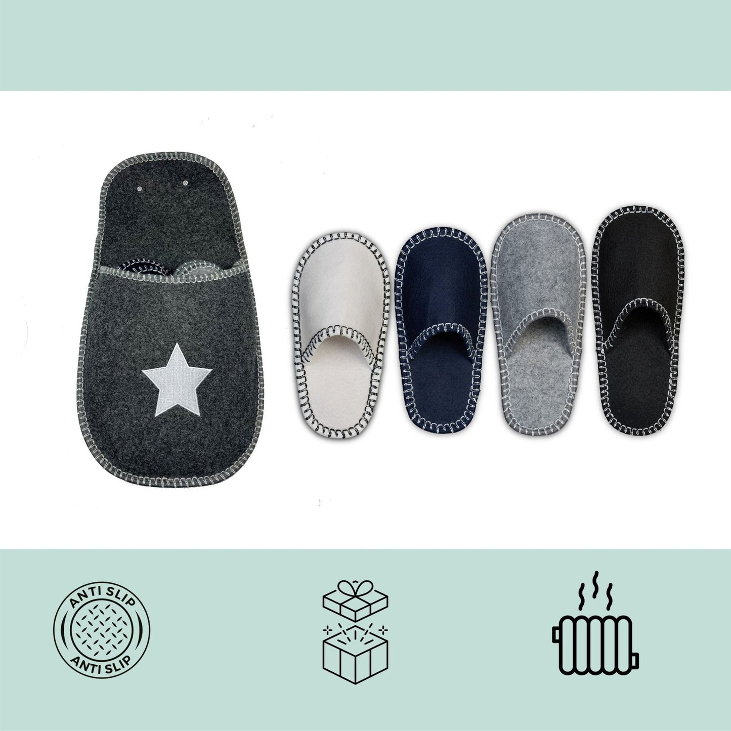 Non-Slip Felt House Slippers, 6 Pairs with Storage Bag
