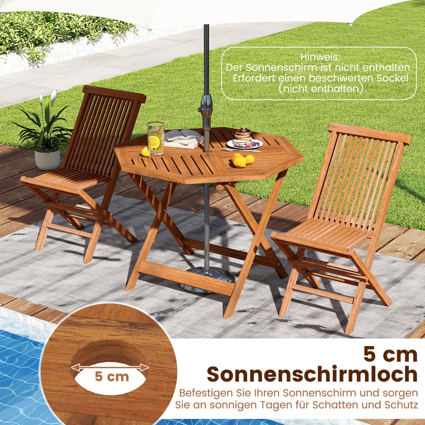 Octagonal Wooden Garden Table with Umbrella Hole, 90x90 cm