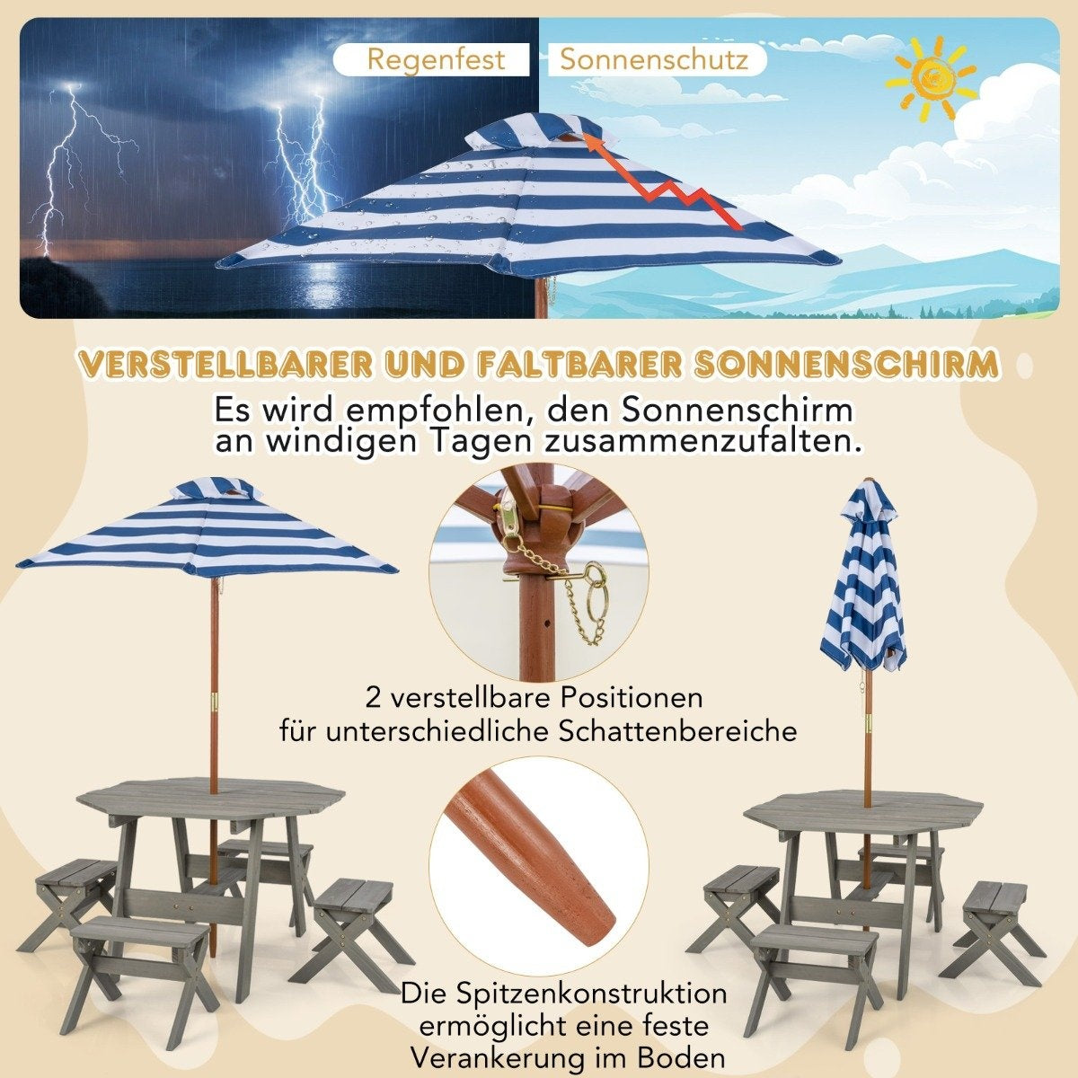 Octagonal Wooden Placemat with 4 Chairs &amp; Height-adjustable parasol picnic table grey