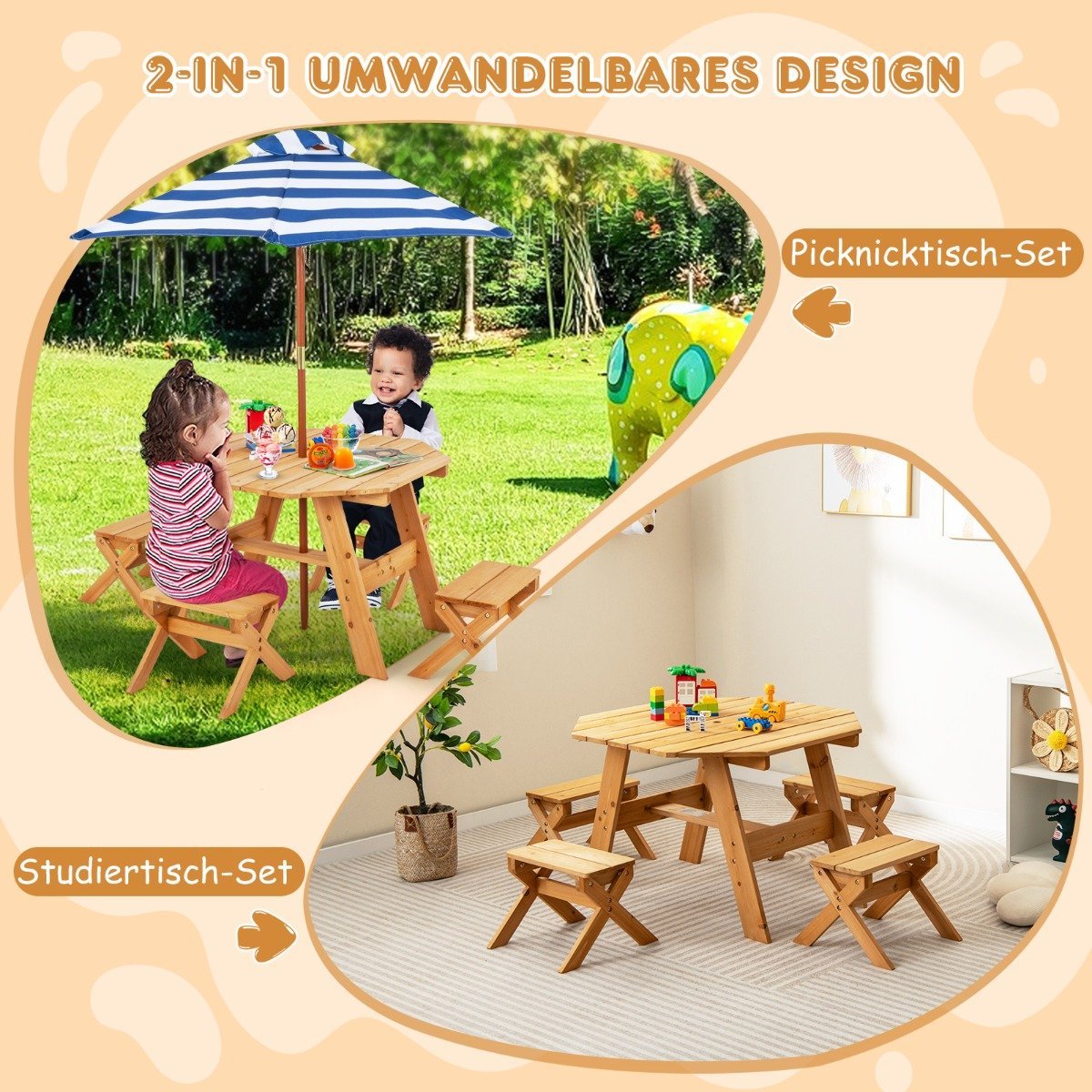 Octagonal Wooden Placemat with 4 Chairs &amp; Height-adjustable parasol picnic table natural