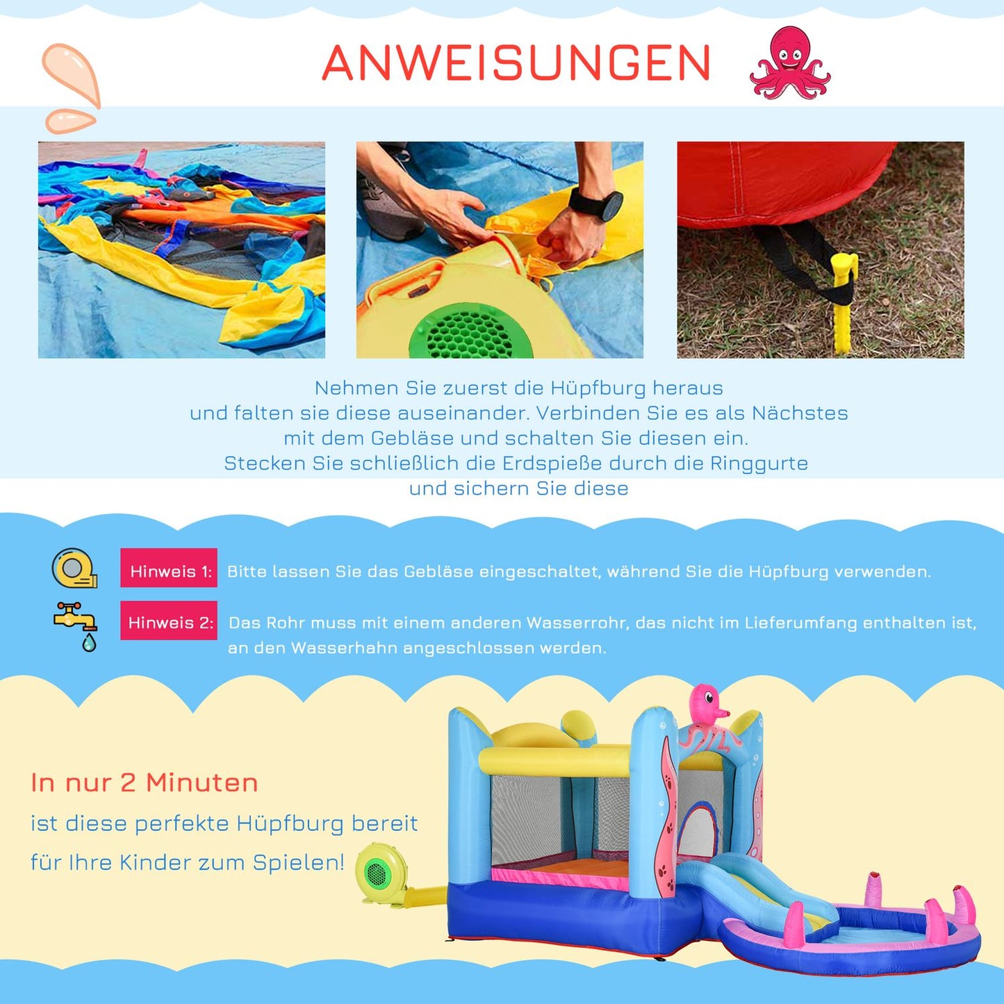 Inflatable octopus bouncy castle with slide and pool