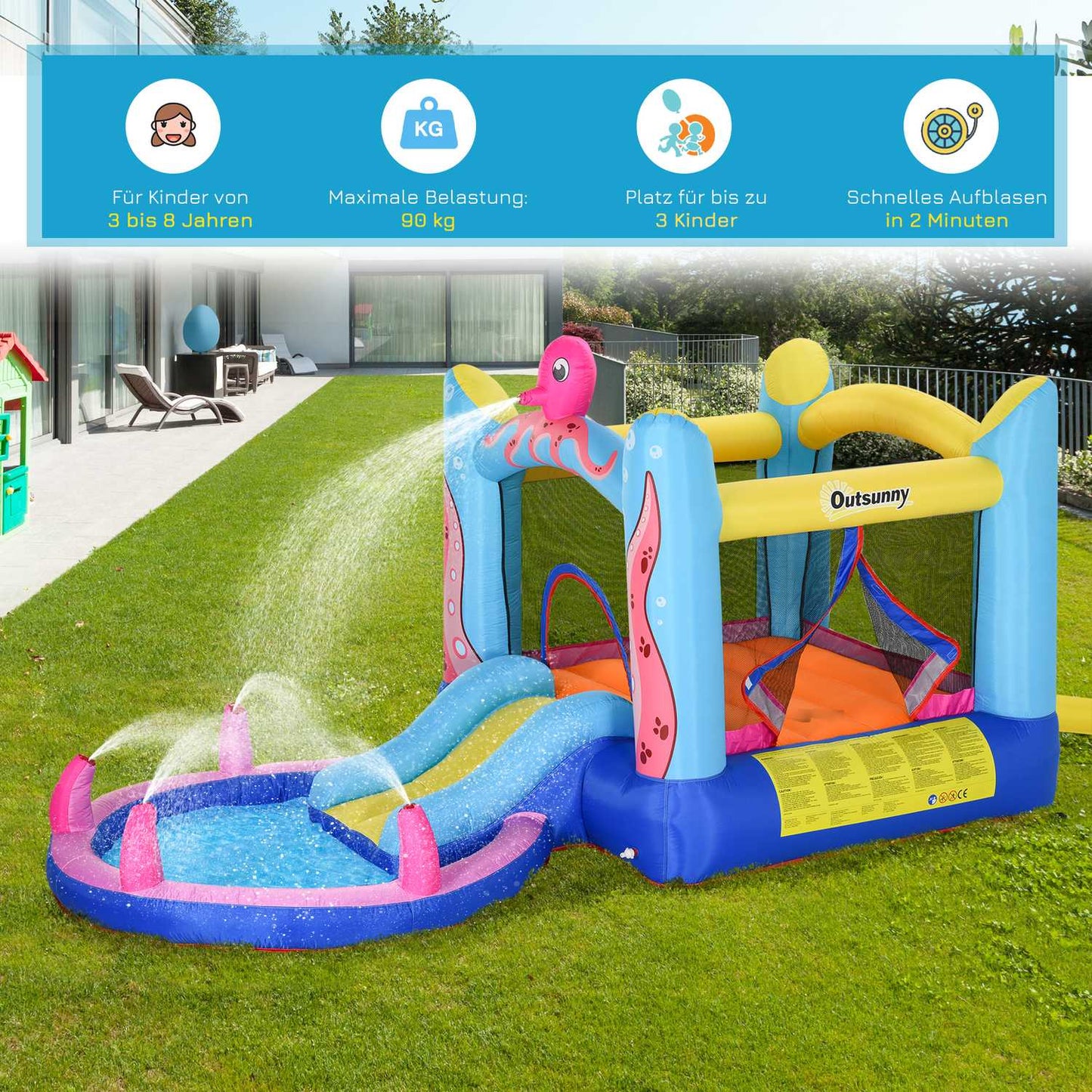 Inflatable octopus bouncy castle with slide and pool