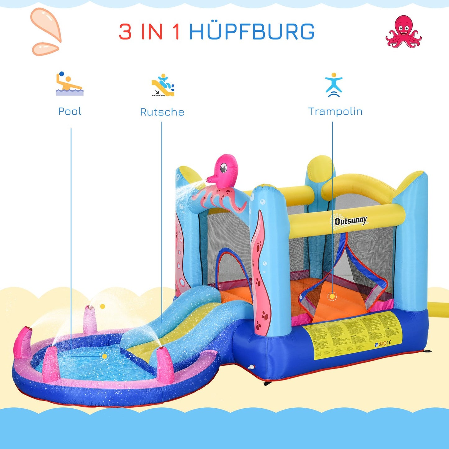 Inflatable octopus bouncy castle with slide and pool