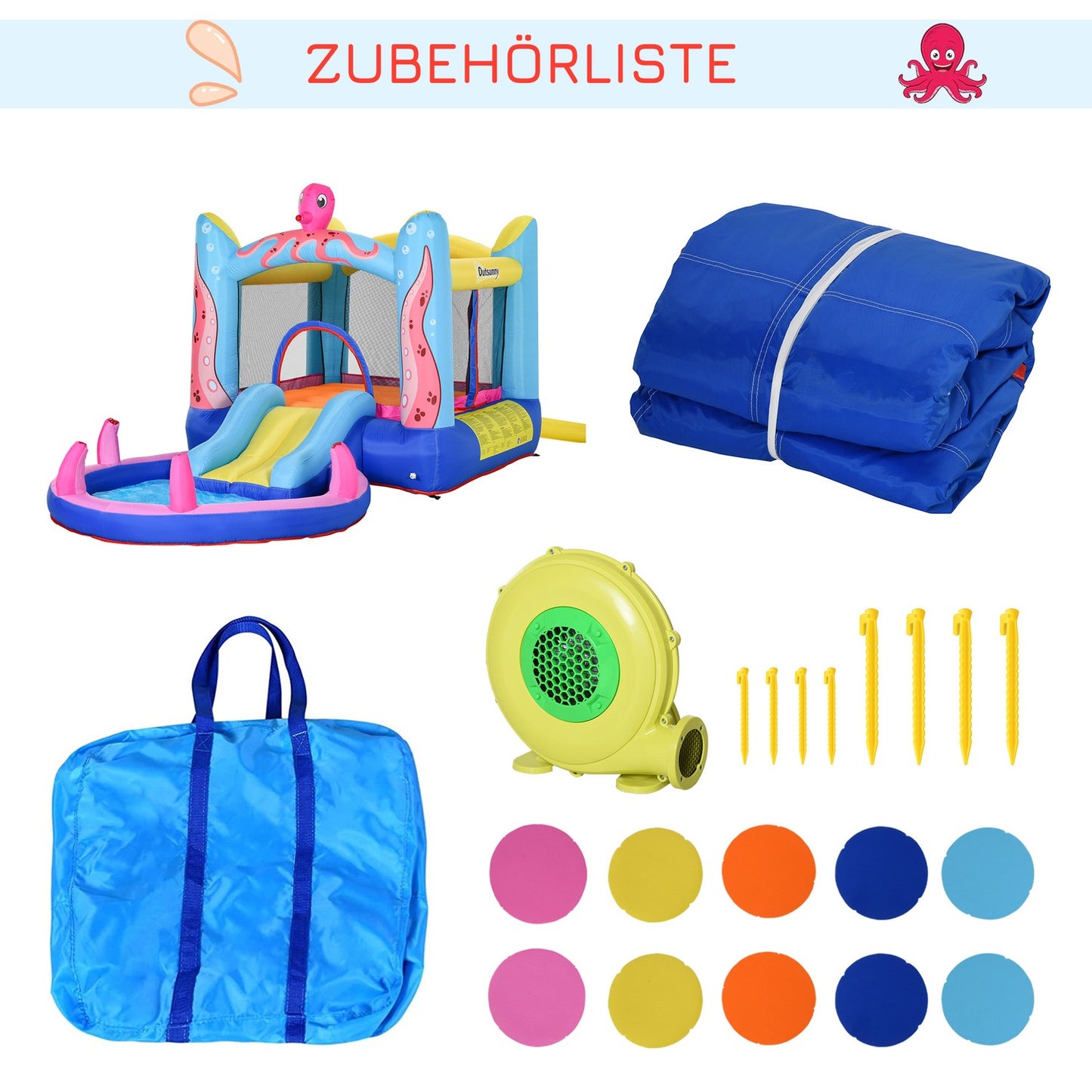 Inflatable octopus bouncy castle with slide and pool
