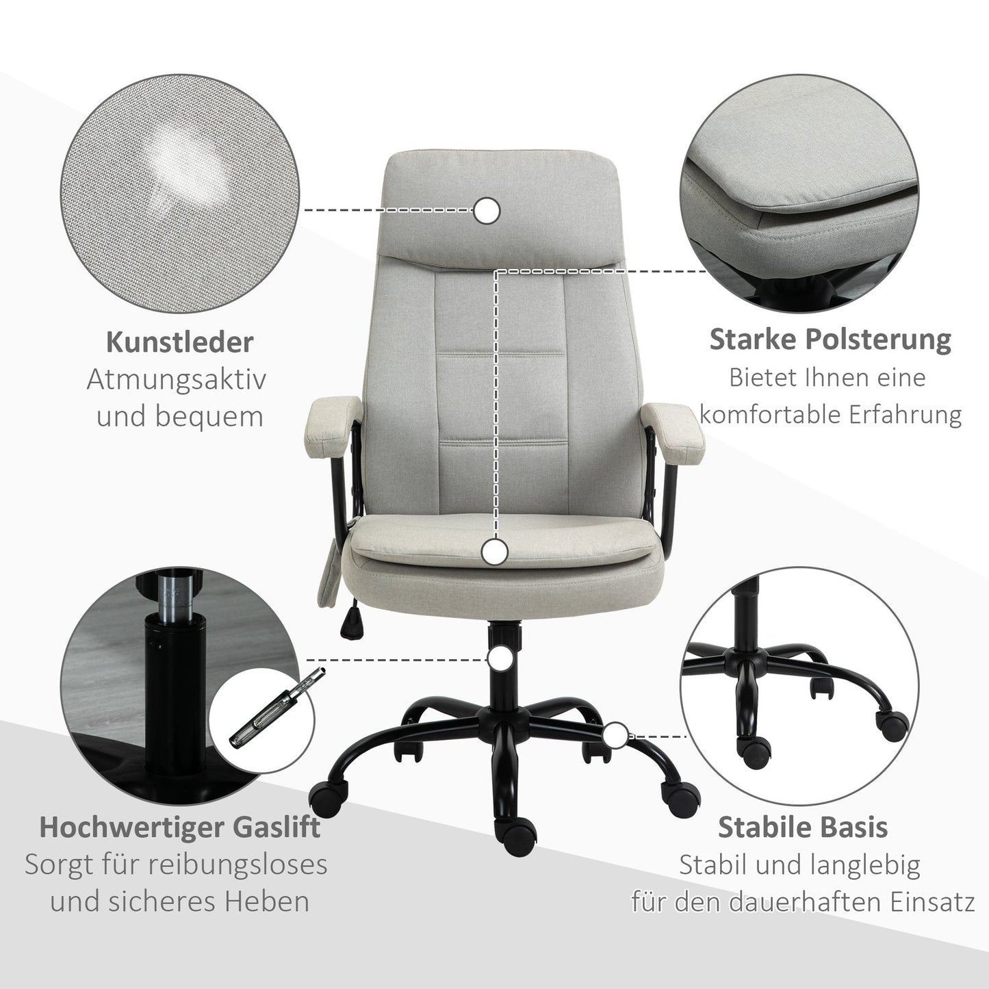 Gaming Office chair, lumbar massage, adjustable beige linen