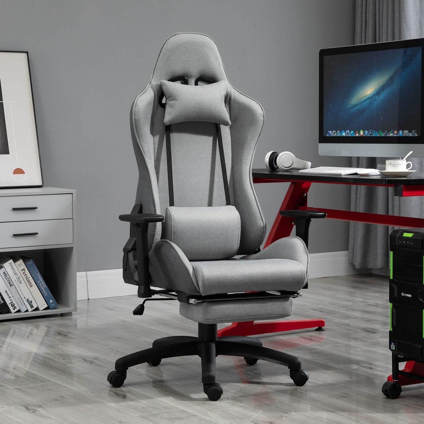 Ergonomic gray office chair with head and lumbar cushions