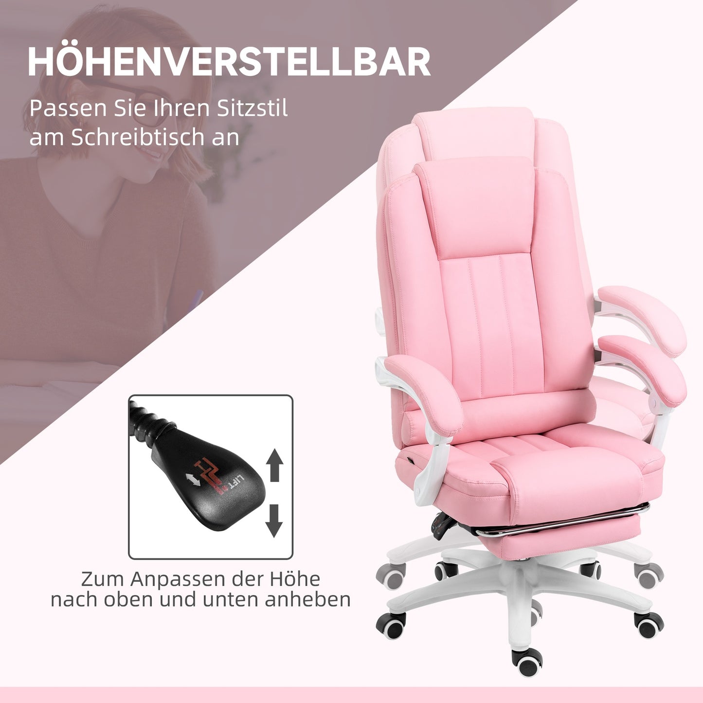 Pink faux leather office chair - reclining, adjustable height