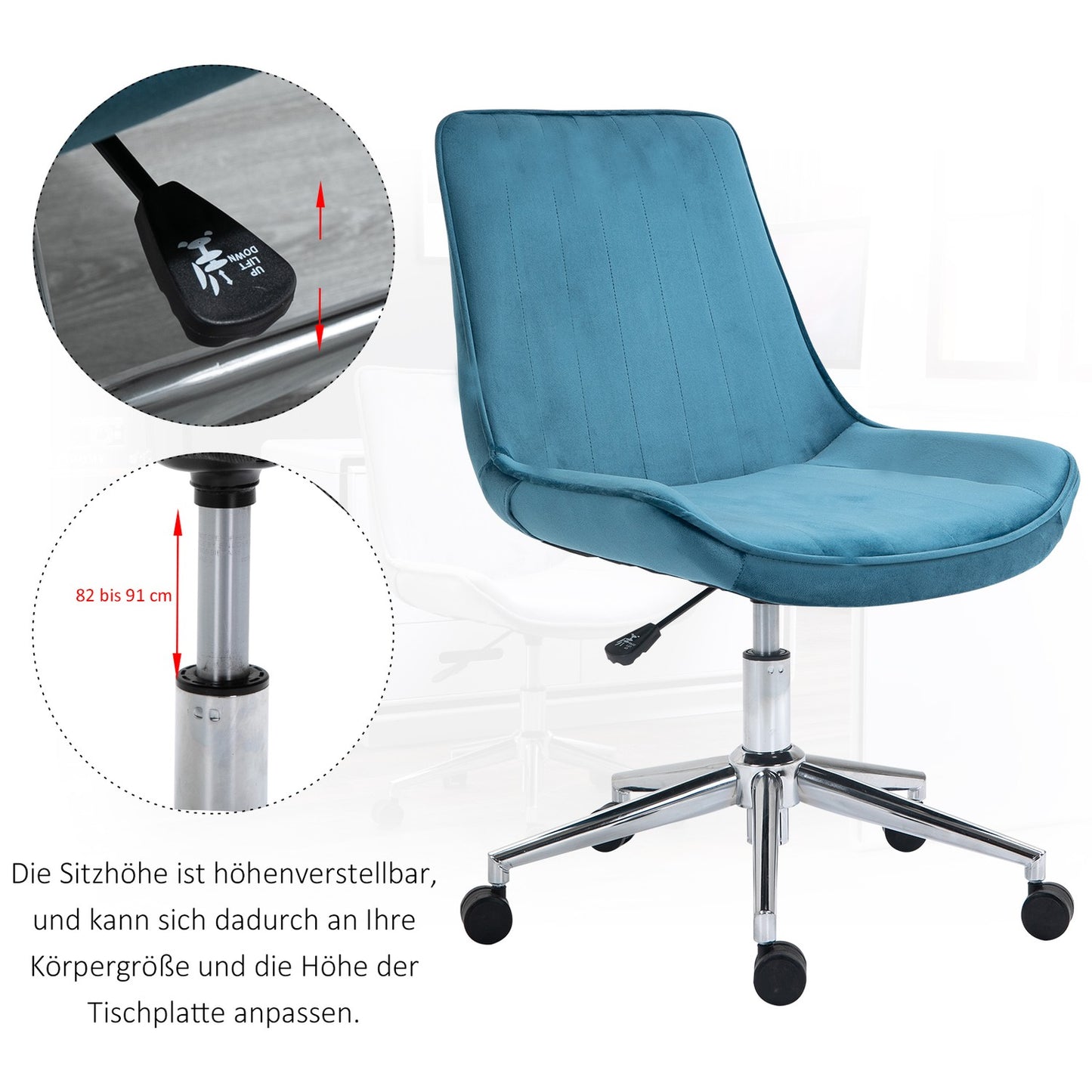 Office chair, adjustable swivel, blue velvet upholstery