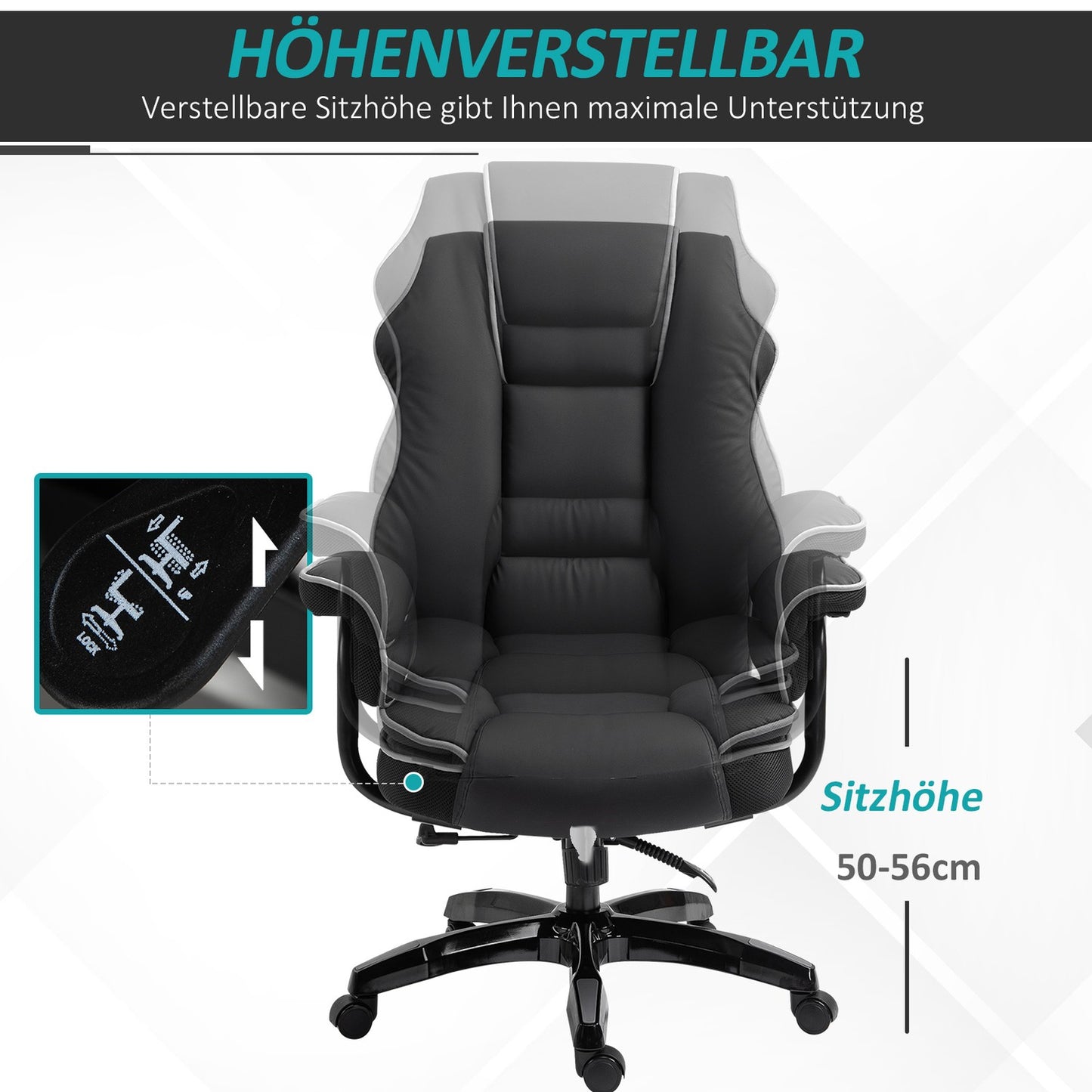 Ergonomic office chair in black artificial leather, adjustable with armrests