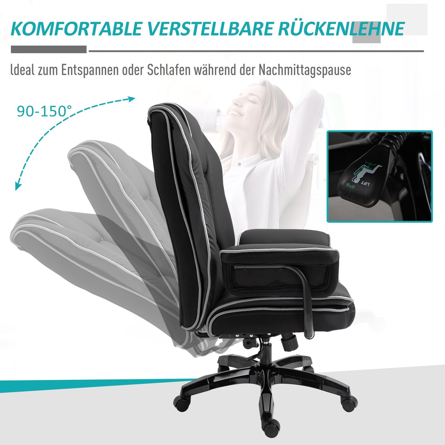 Ergonomic office chair in black artificial leather, adjustable with armrests