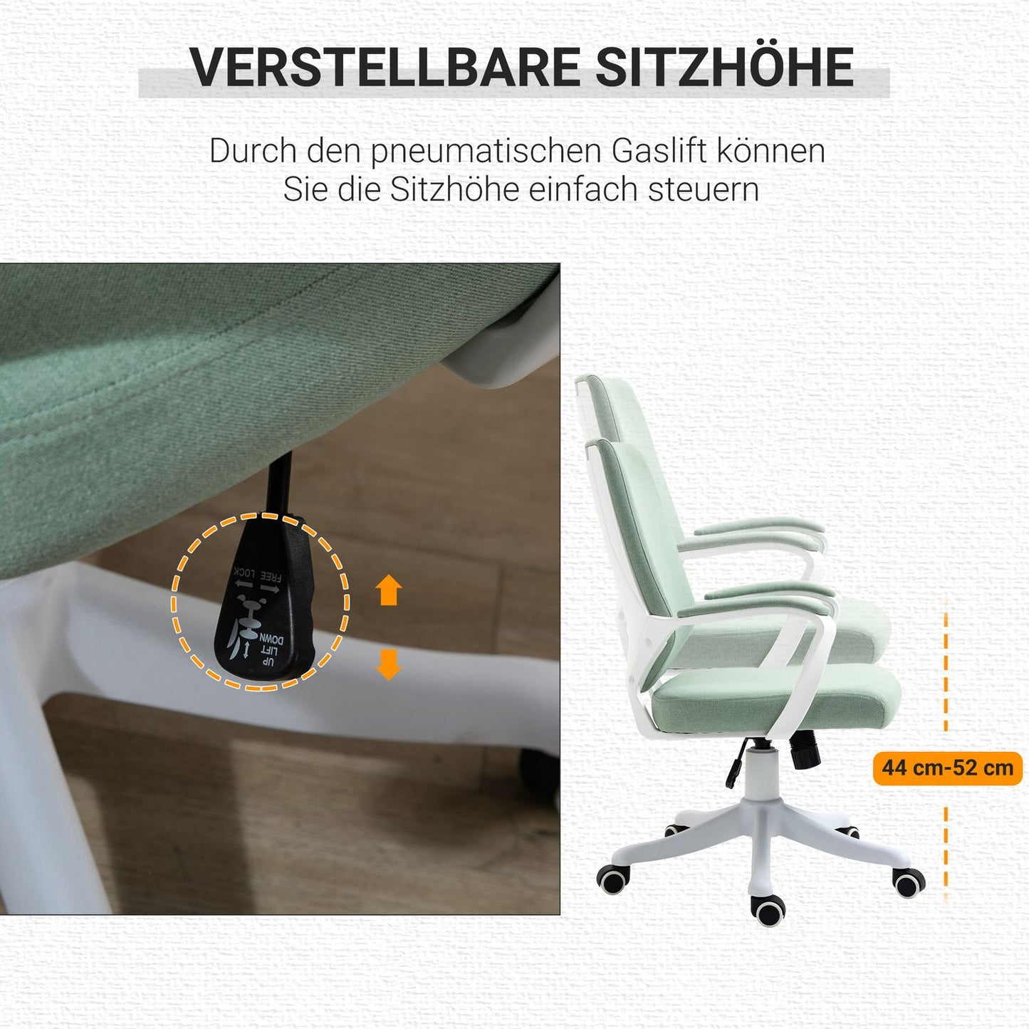 Ergonomic green & white office chair, tilt function, 360° rotatable