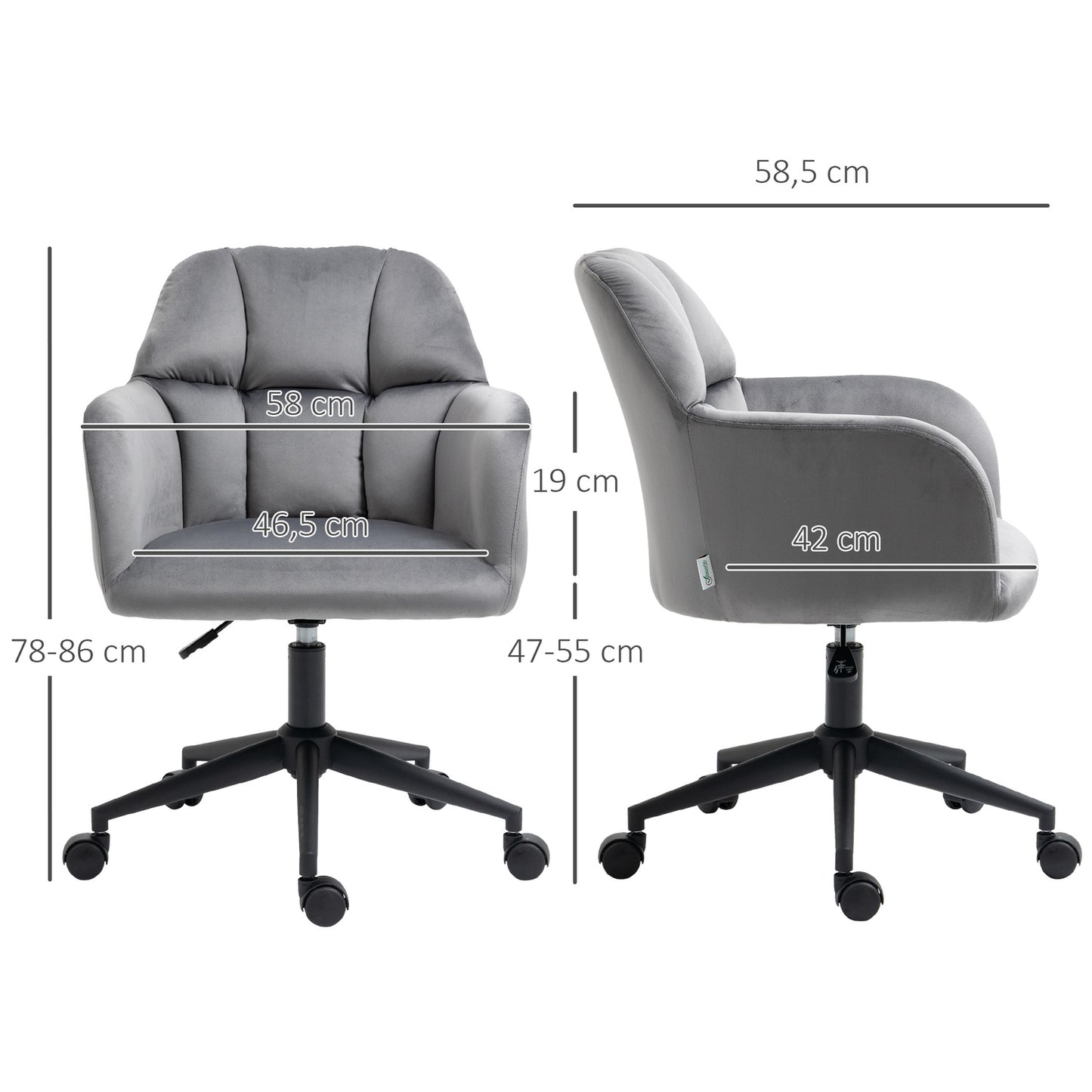 Ergonomic velvet office chair, height adjustable, grey