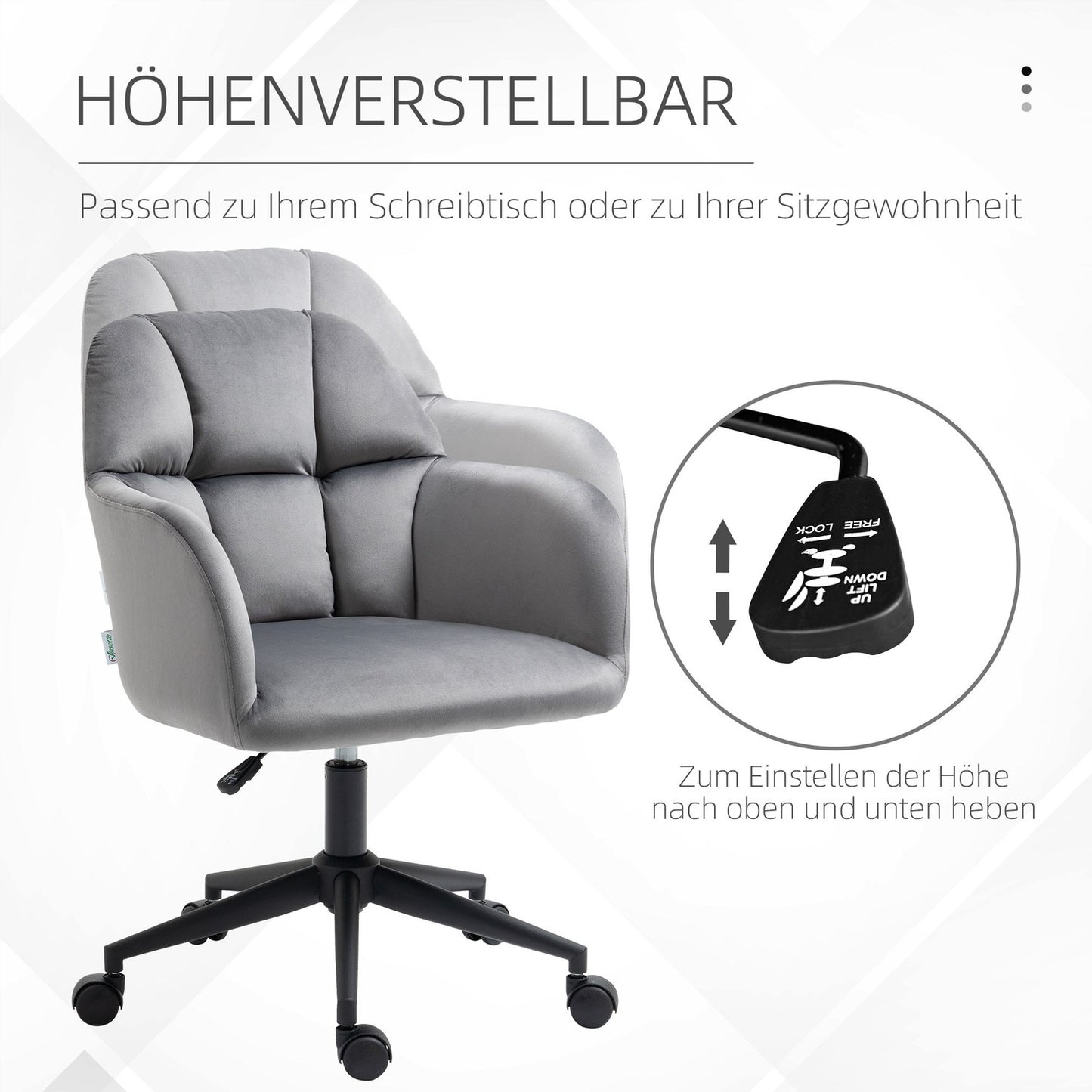 Ergonomic velvet office chair, height adjustable, grey