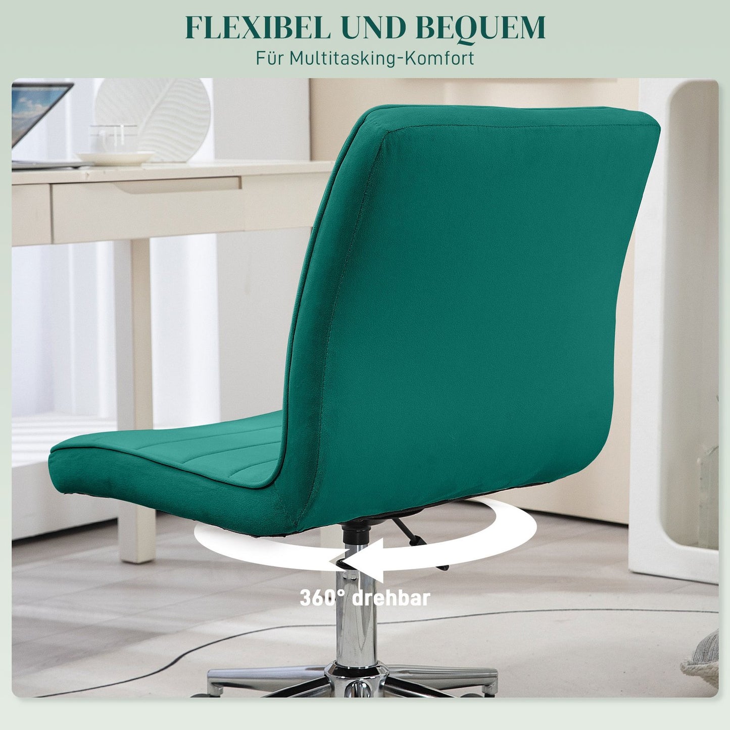 Adjustable velvet green office chair - no armrest, 120 kg capacity
