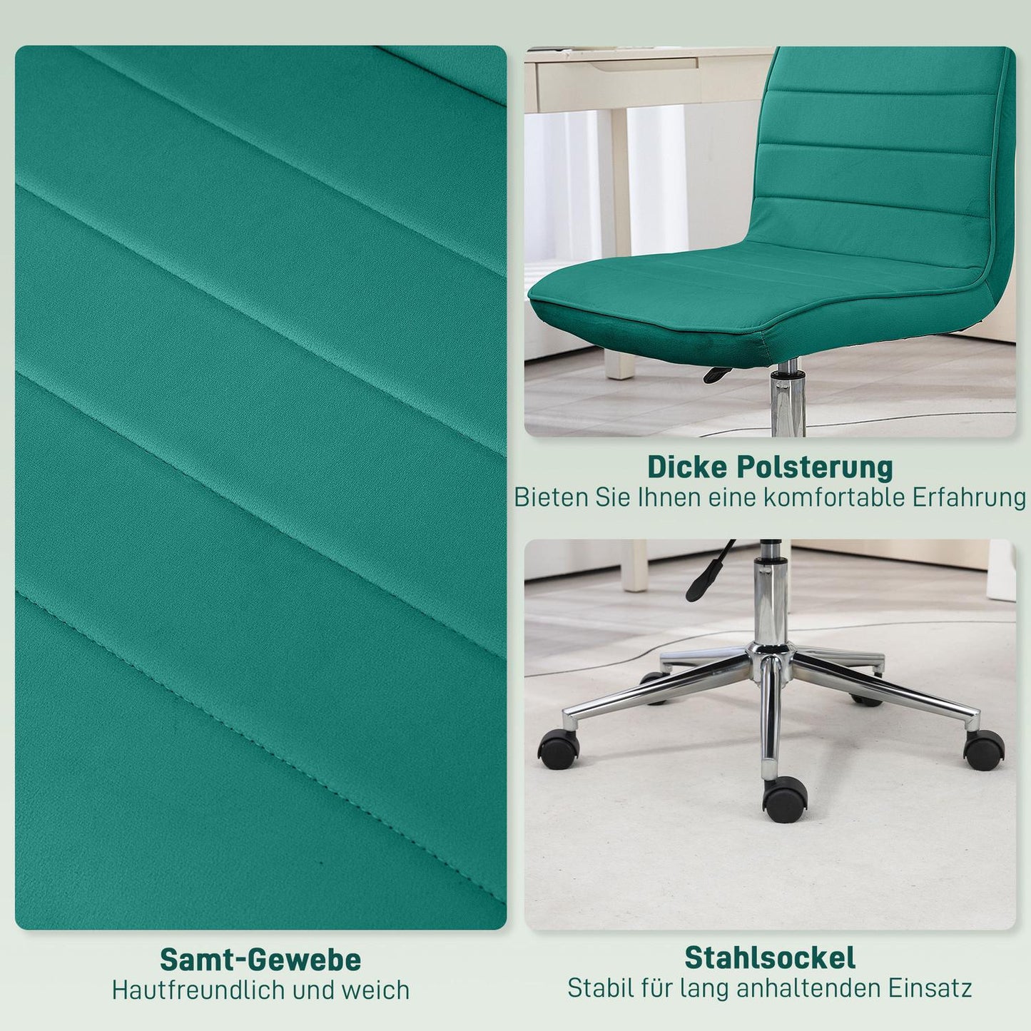 Adjustable velvet green office chair - no armrest, 120 kg capacity