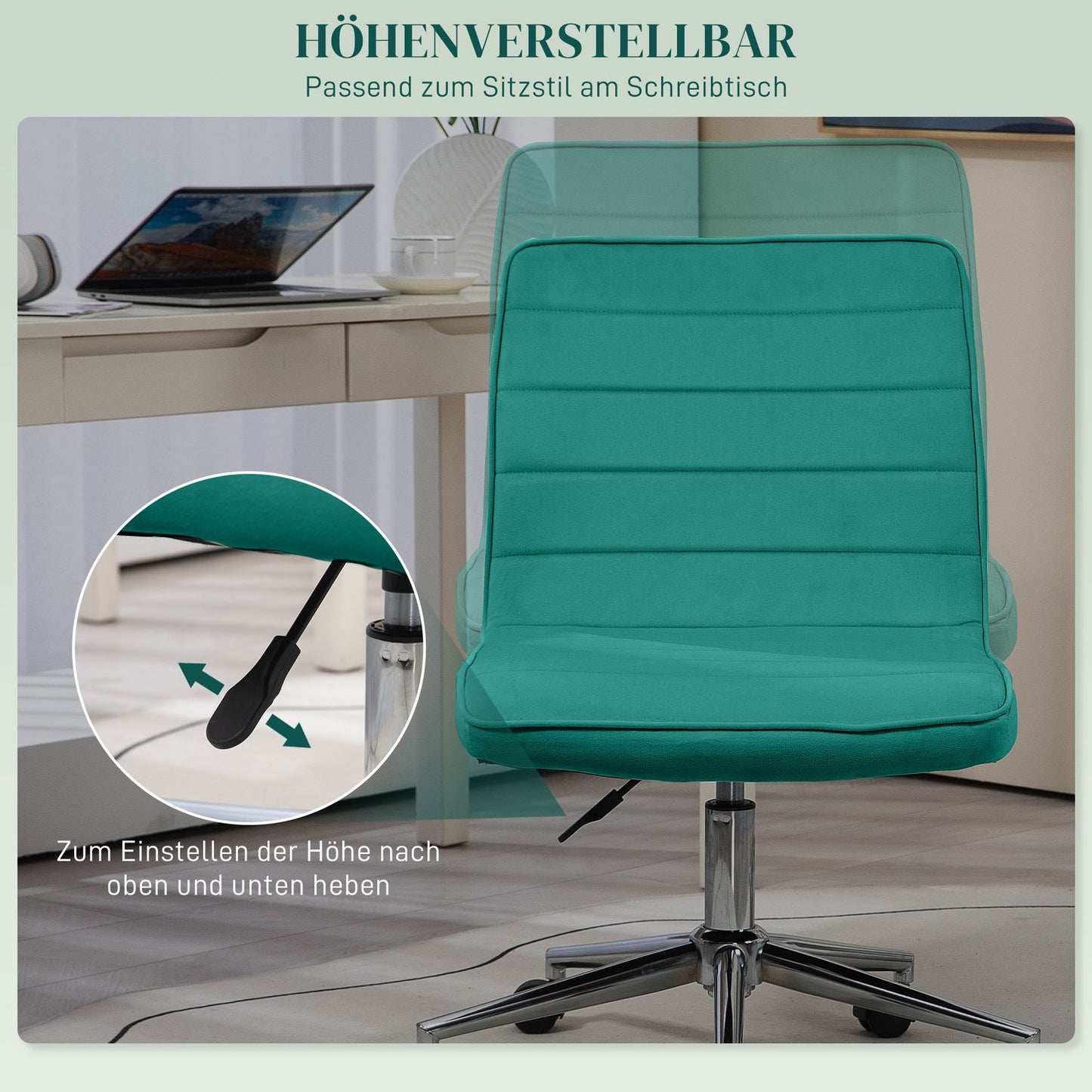 Adjustable velvet green office chair - no armrest, 120 kg capacity