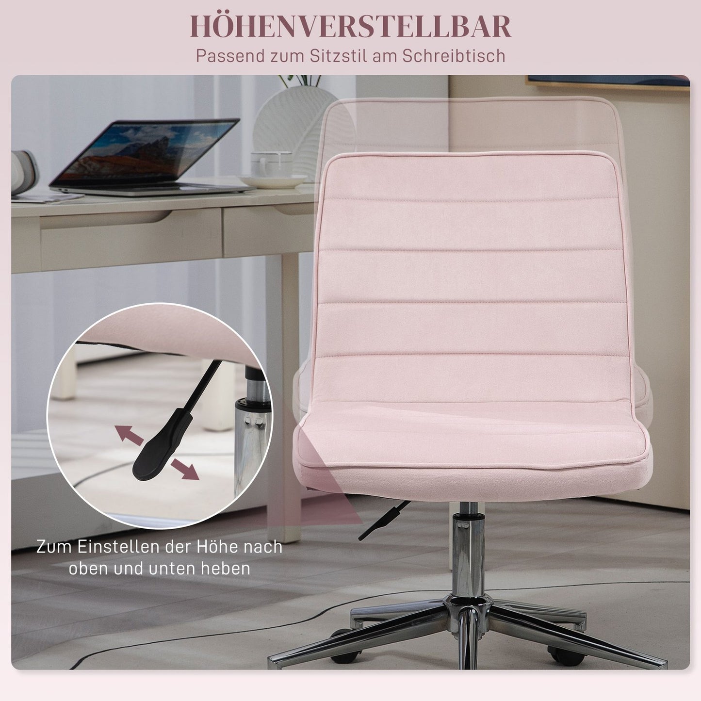 Pink Velvet Swivel Office chair, no arms, adjustable height