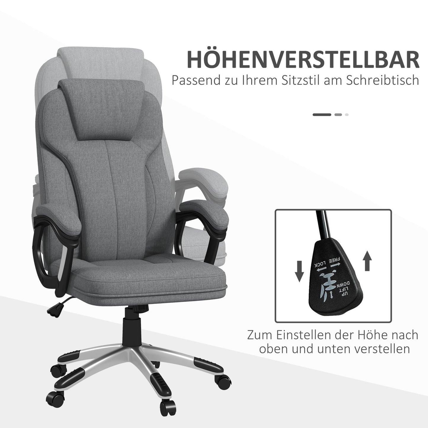 Ergonomic office chair - adjustable height, gray linen, headrest