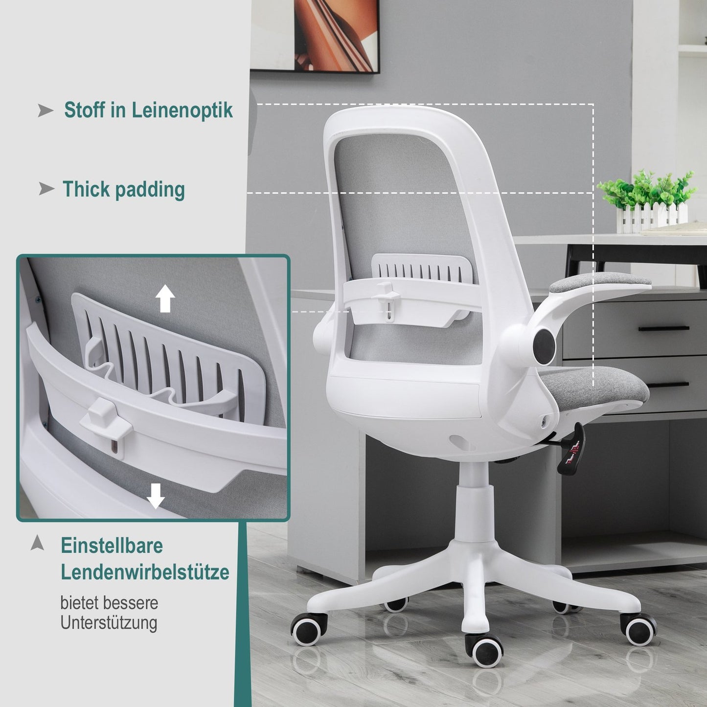 Ergonomic office chair with adjustable armrest, grey-white
