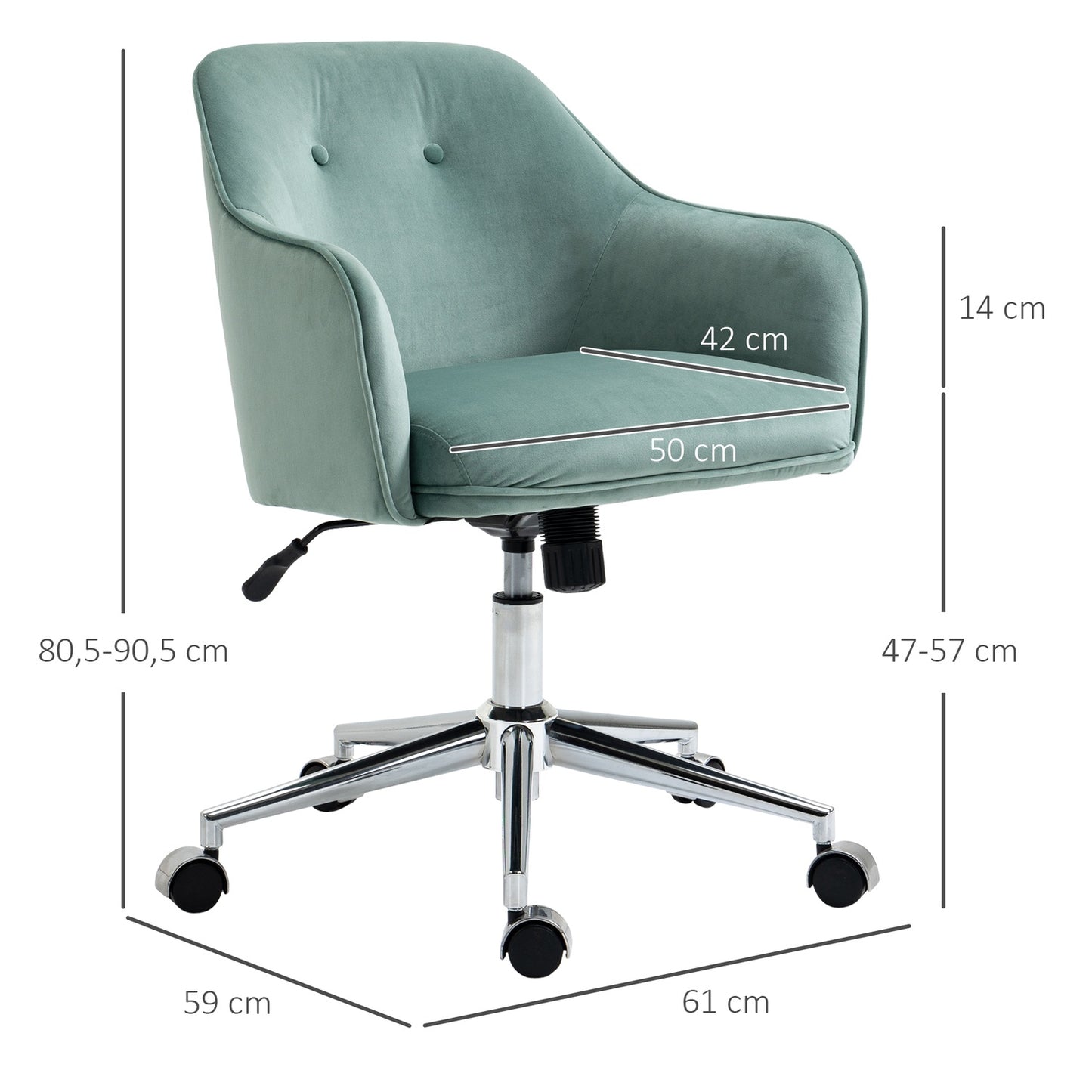 Ergonomic office chair, height adjustable velvet, green