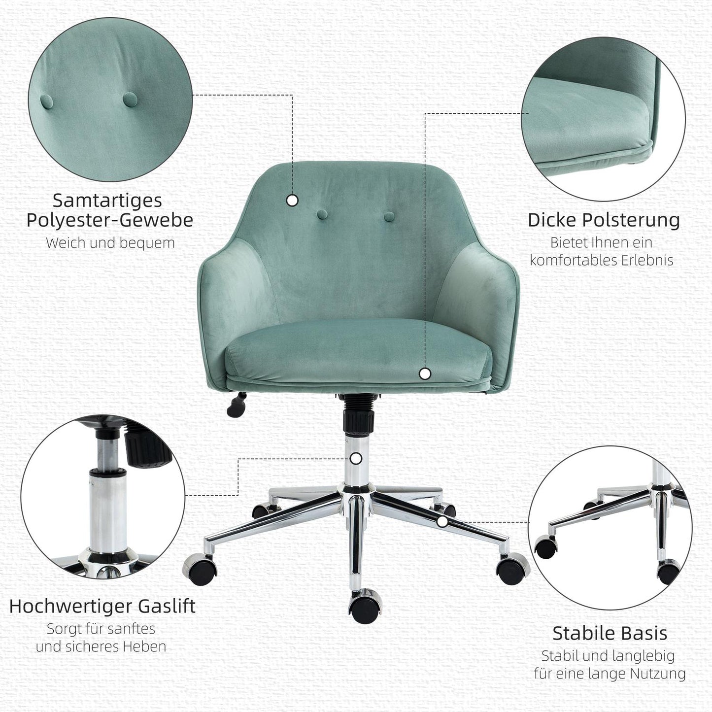 Ergonomic office chair, height adjustable velvet, green