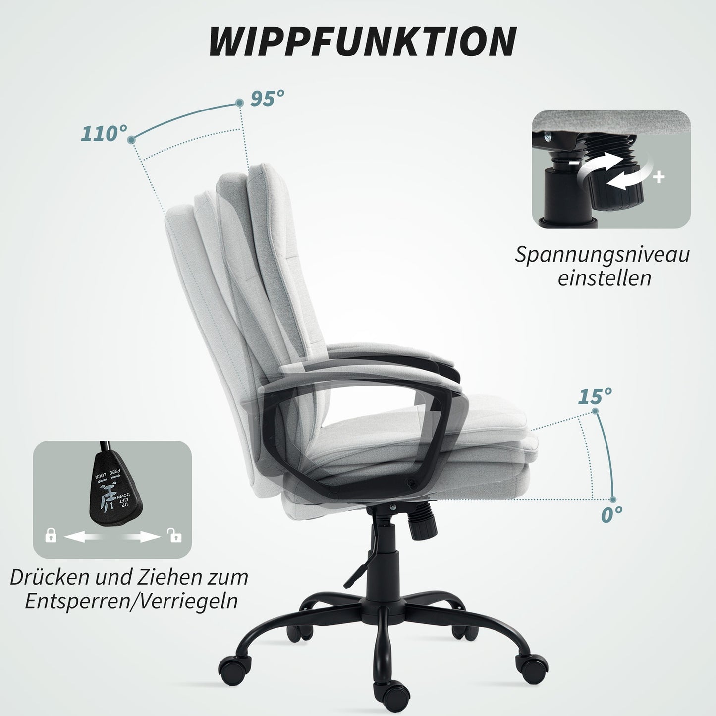 Ergonomic office chair, adjustable with armrests, gray linen