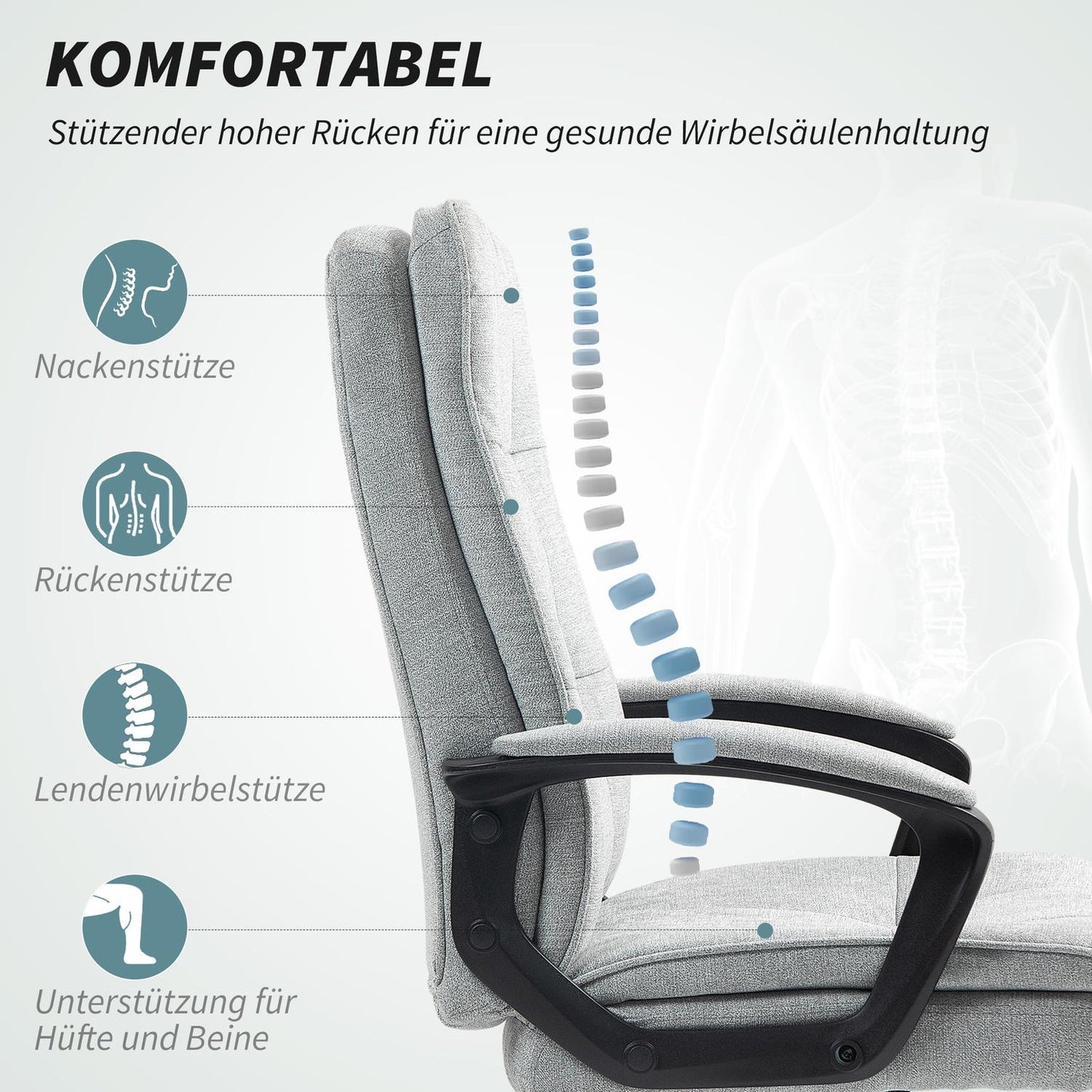 Ergonomic office chair, adjustable with armrests, gray linen
