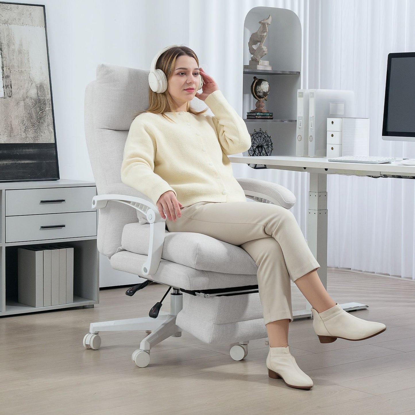 Ergonomic office chair with lumbar support, linen, cream