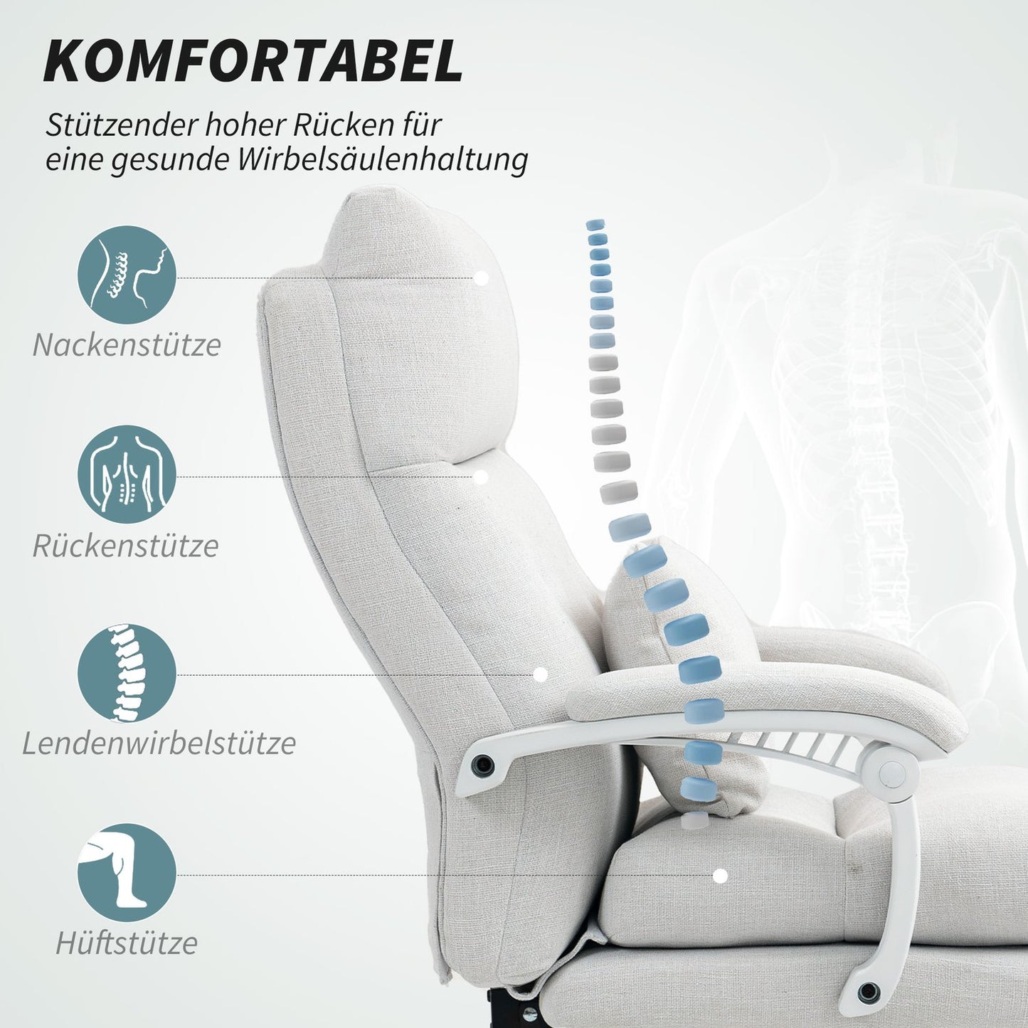 Ergonomic office chair with lumbar support, linen, cream