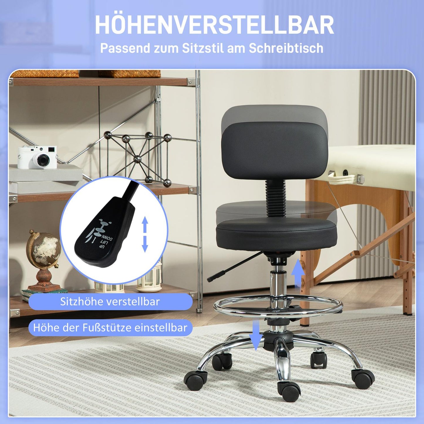 Ergonomic black office chair with foot ring, adjustable swivel