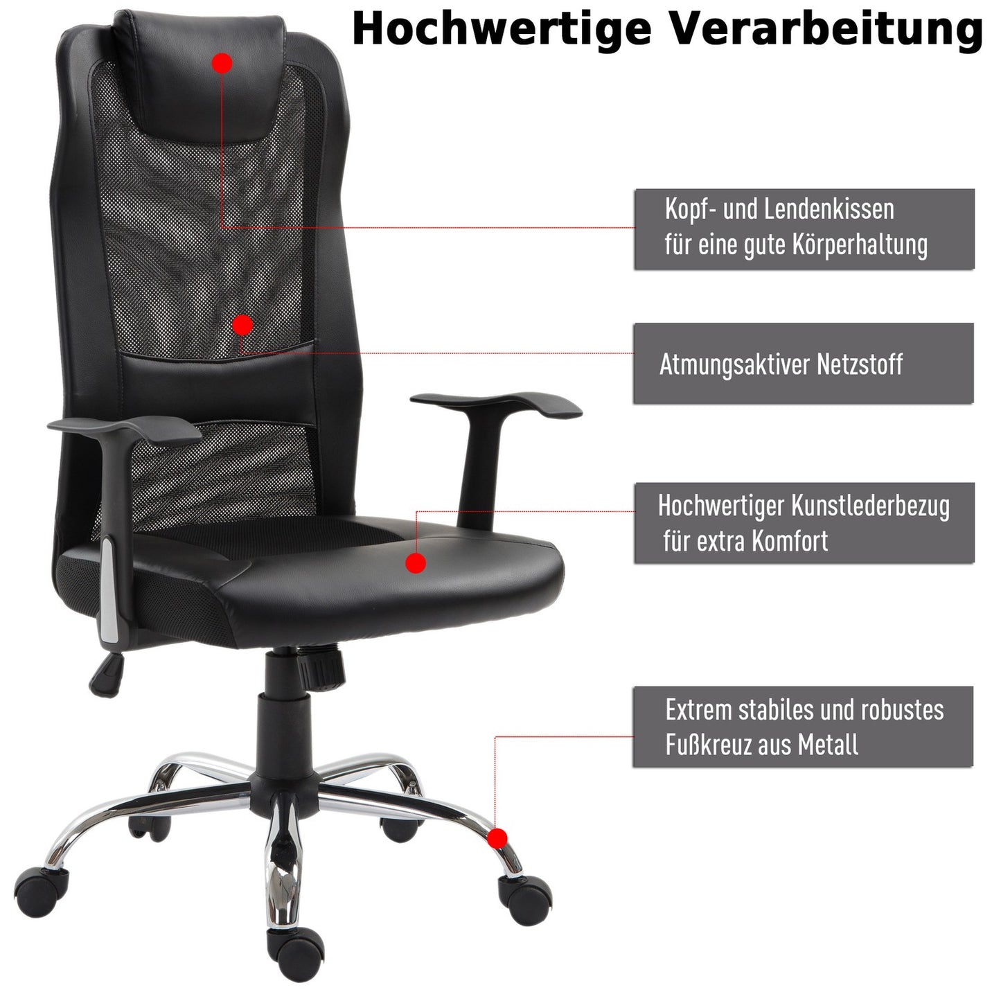 Ergonomic office chair in black PU leather, adjustable in height