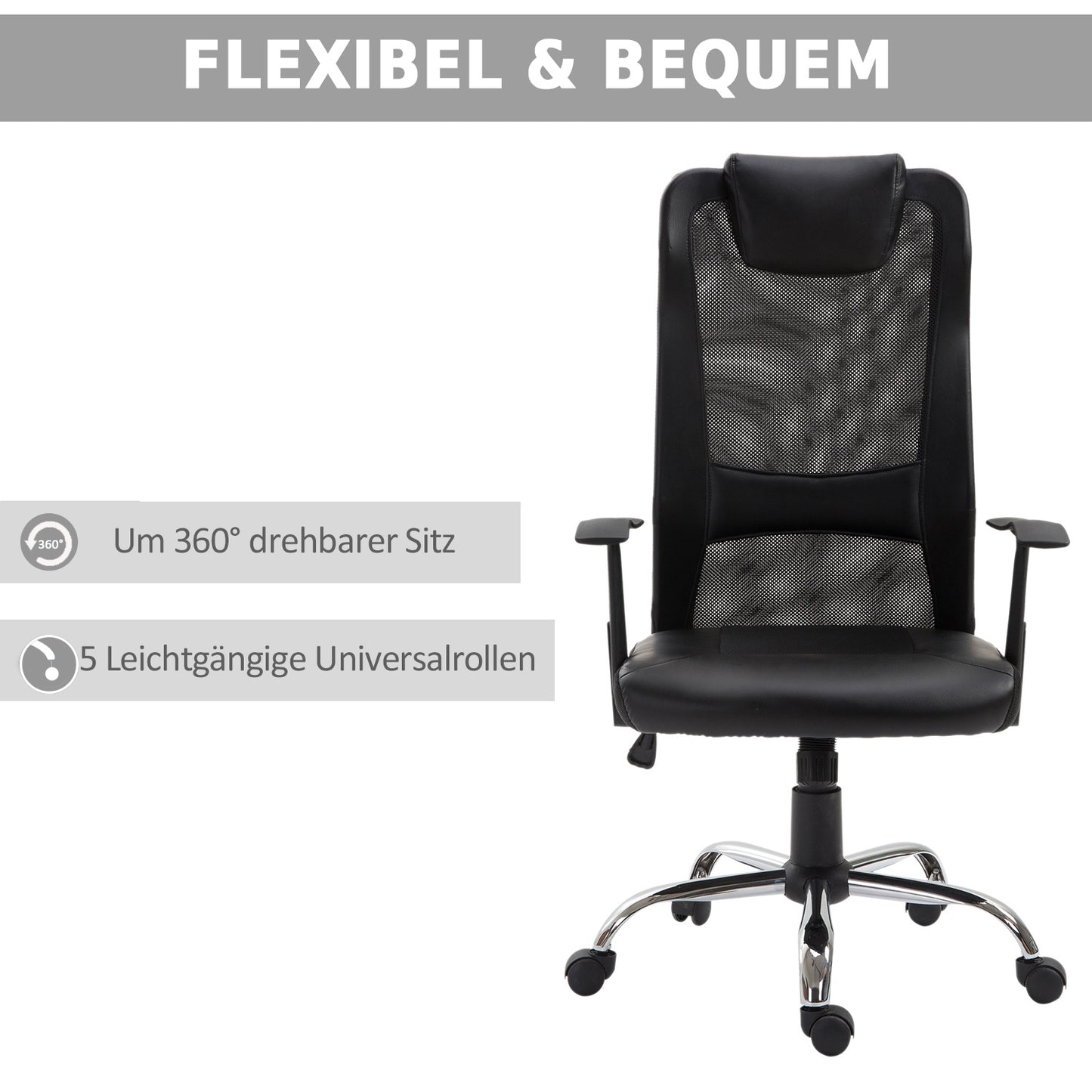 Ergonomic office chair in black PU leather, adjustable in height