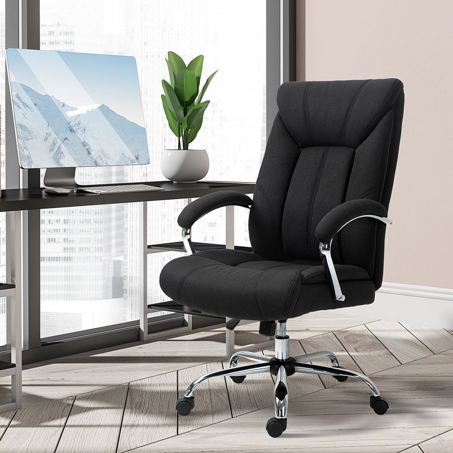 Ergonomic office chair with rocker, padded armrest, black