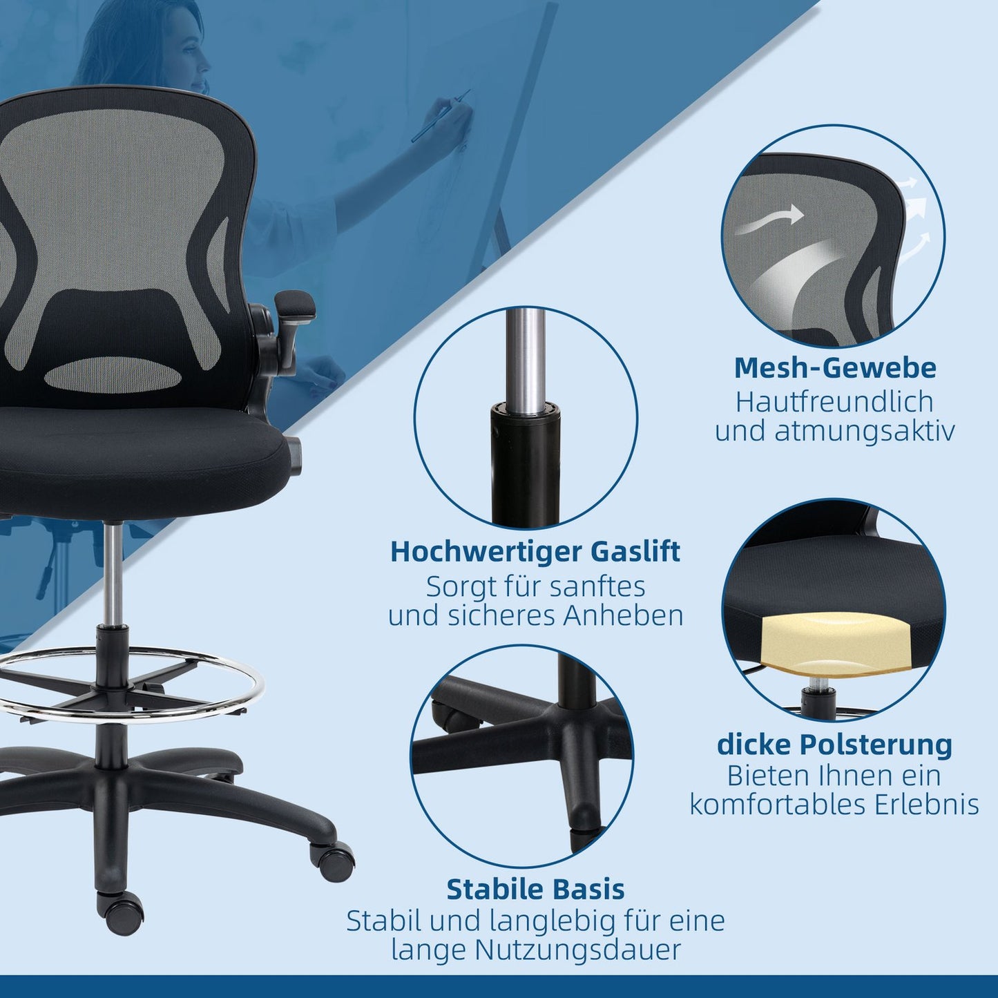 Ergonomic office chair with wheels & lumbar support, black