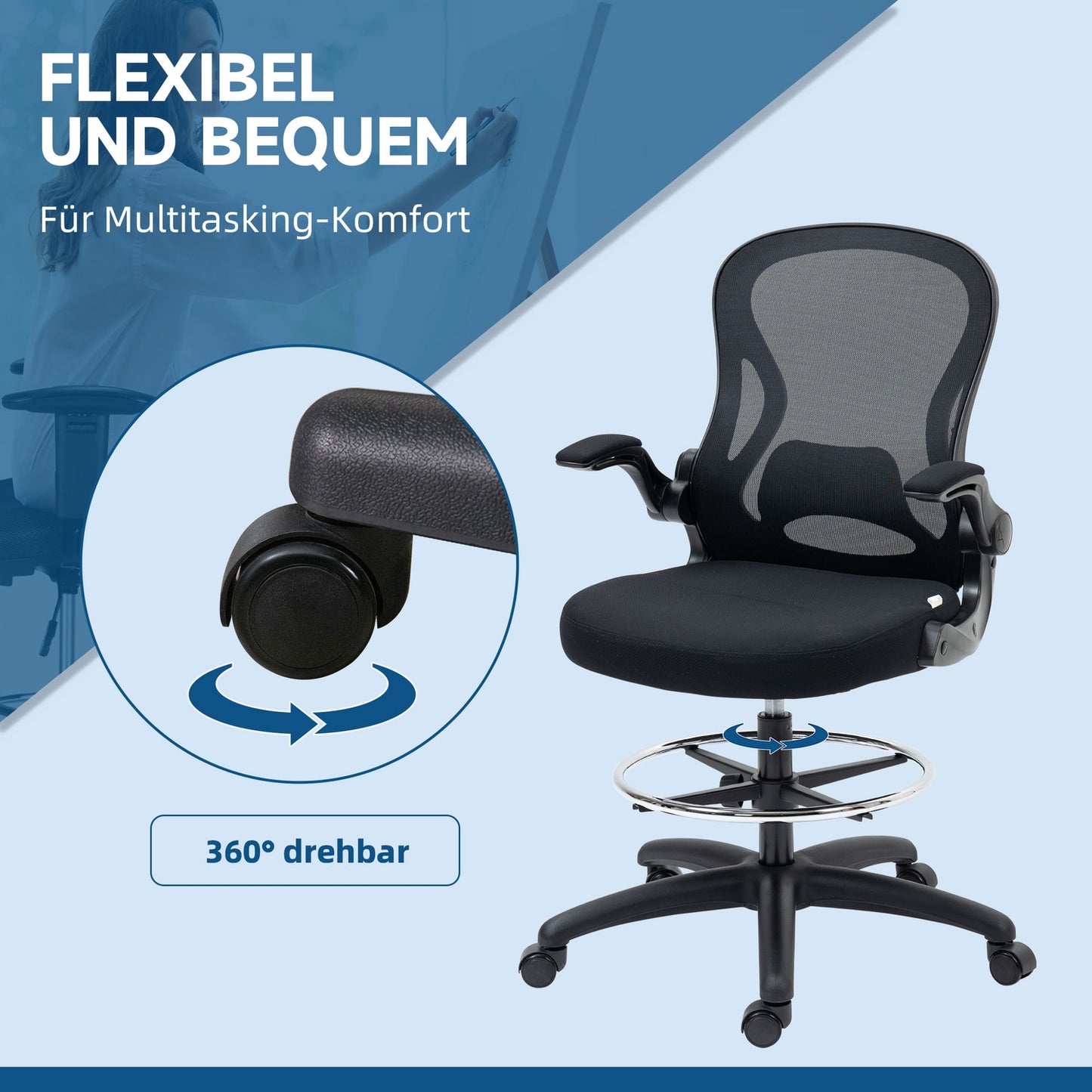Ergonomic office chair with wheels & lumbar support, black