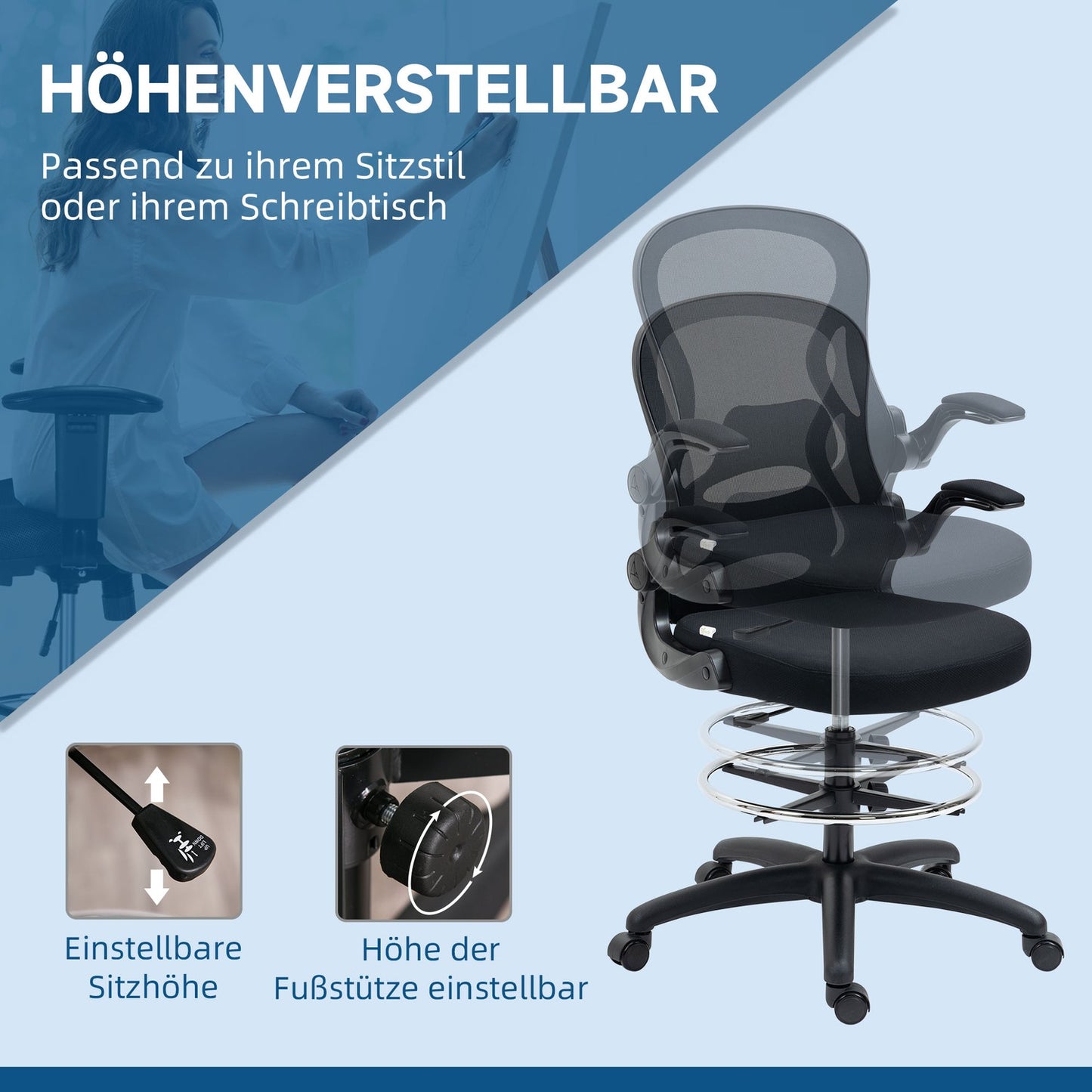 Ergonomic office chair with wheels & lumbar support, black