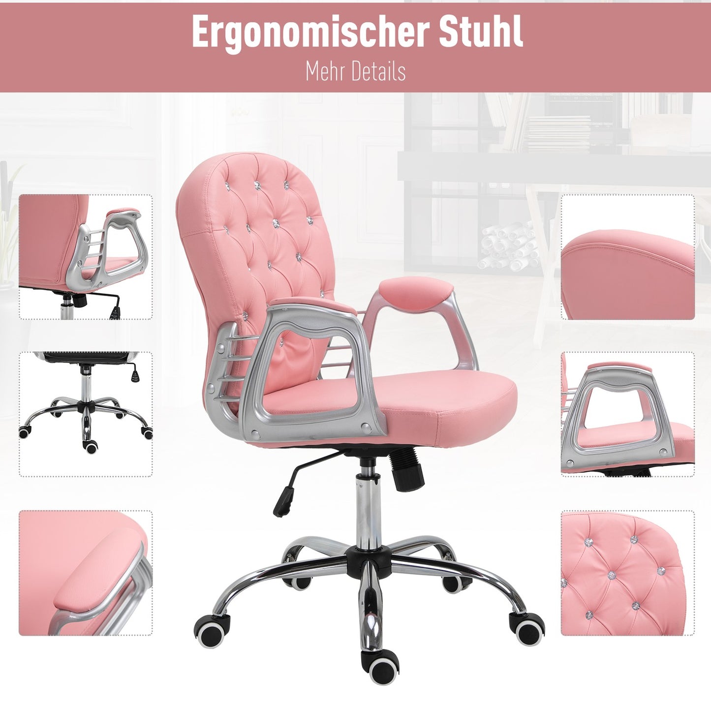 Ergonomic office chair, pink PU, padded backrest, adjustable