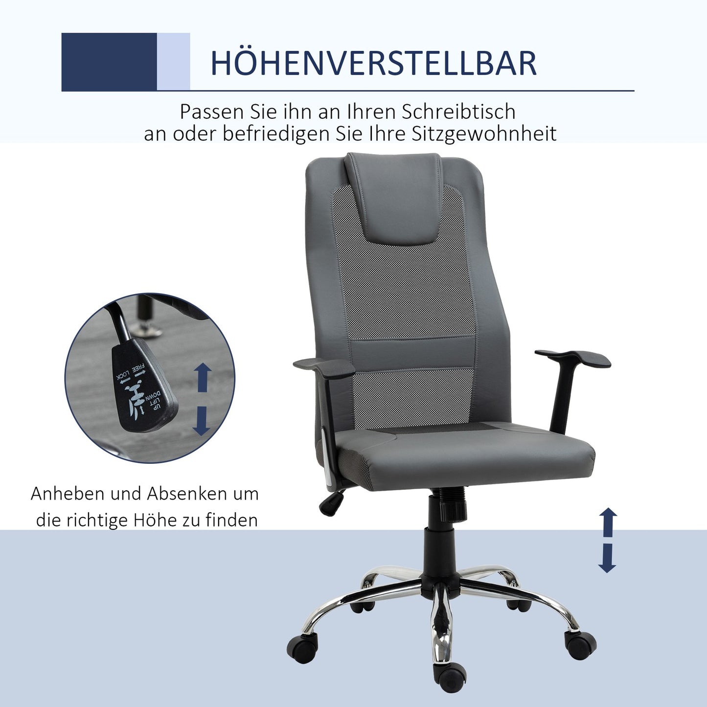 Ergonomic office chair in gray synthetic leather, adjustable