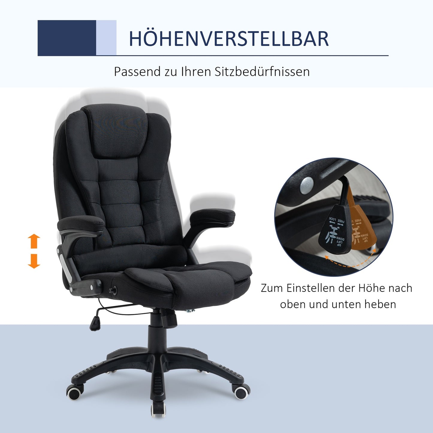 Ergonomic office chair, adjustable height, black polyester