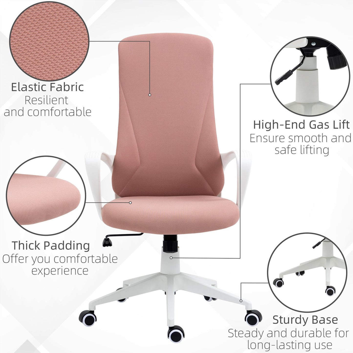Ergonomic pink office chair, height adjustable, stretch fabric