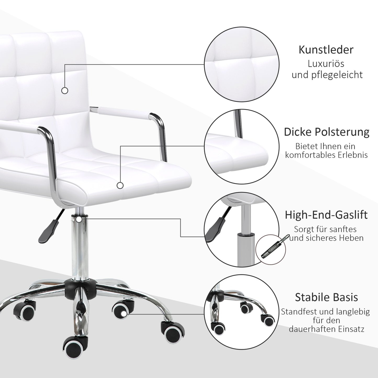 White adjustable office chair - swivel, metal base, PU leather