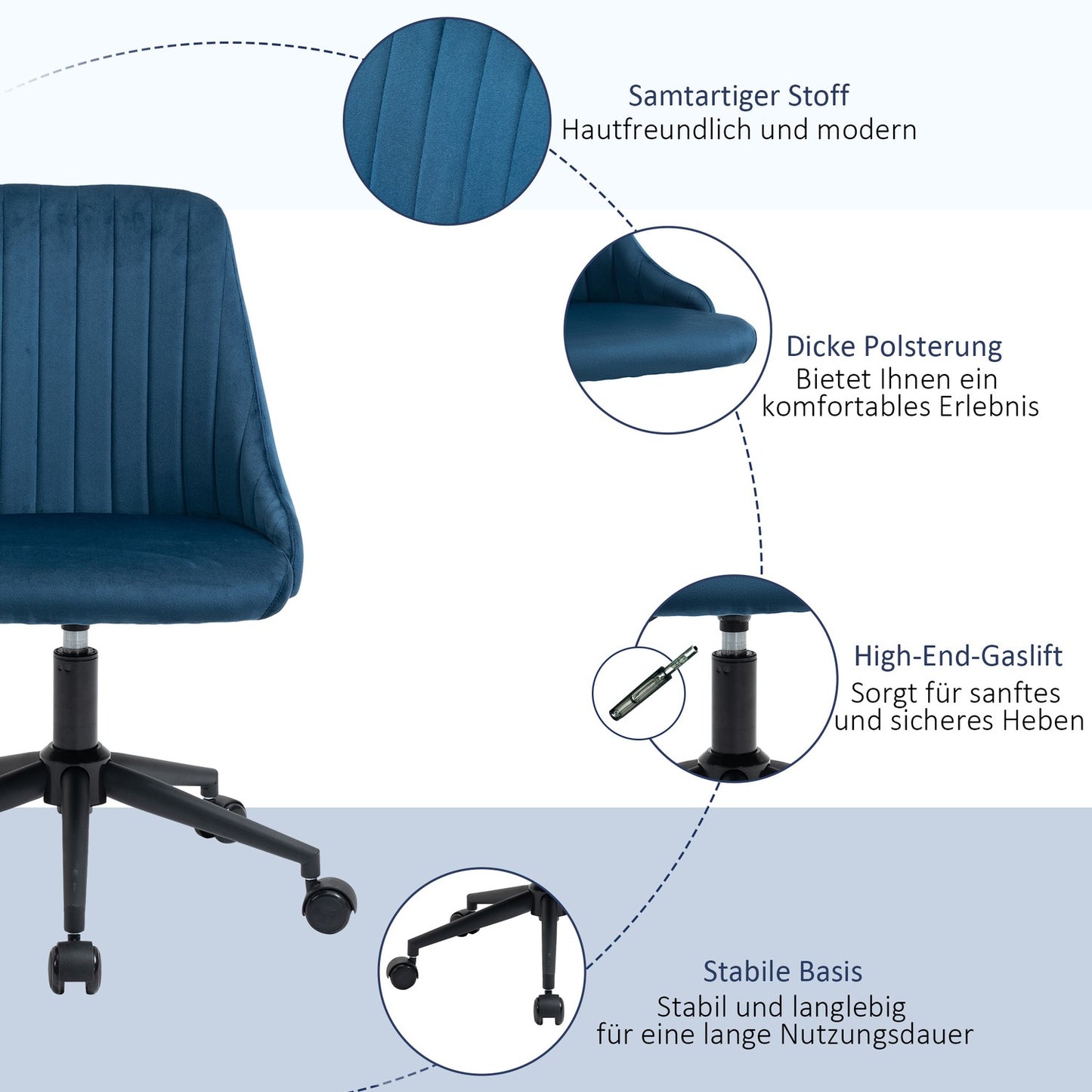Ergonomic swivel desk chair, adjustable velvet blue