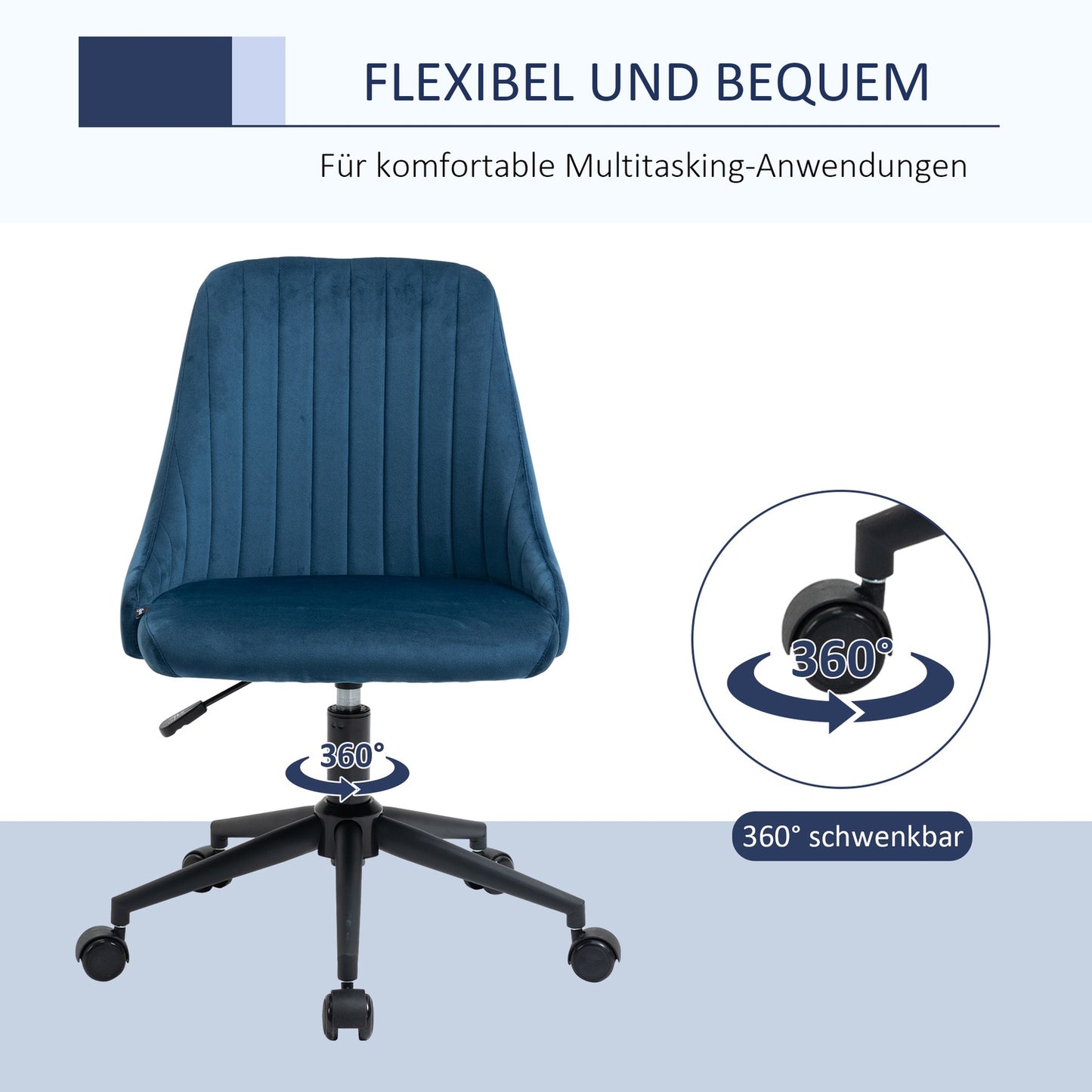 Ergonomic swivel desk chair, adjustable velvet blue
