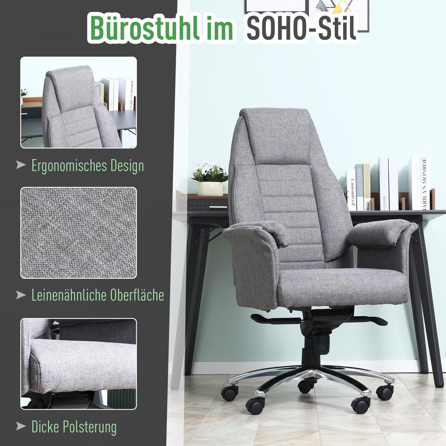 Ergonomic swivel office chair, adjustable armrests, light grey