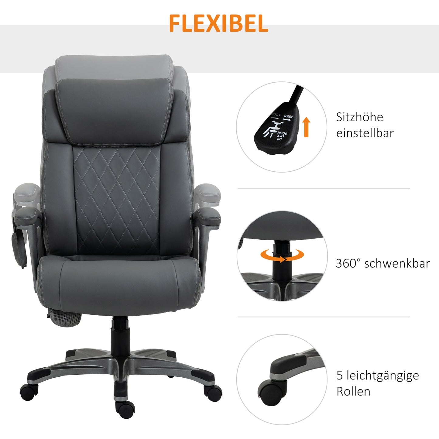 Ergonomic office chair in gray artificial leather with massage