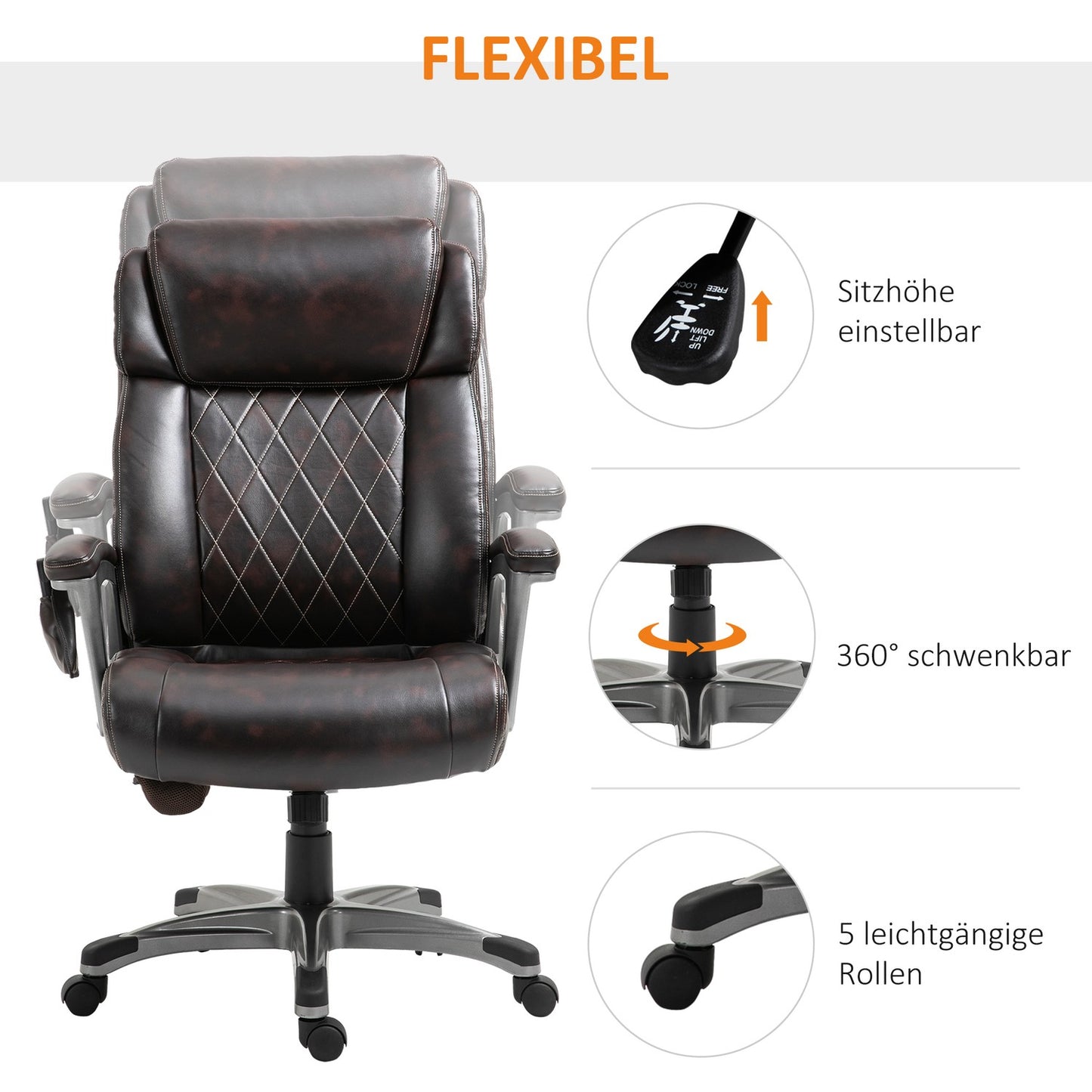 Ergonomic swivel office chair, 6-point massage, brown leather