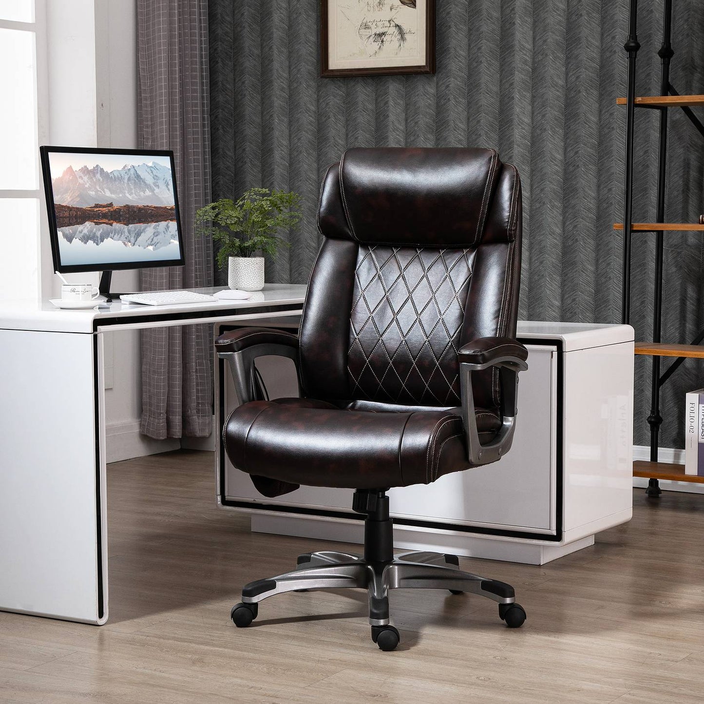 Ergonomic swivel office chair, 6-point massage, brown leather